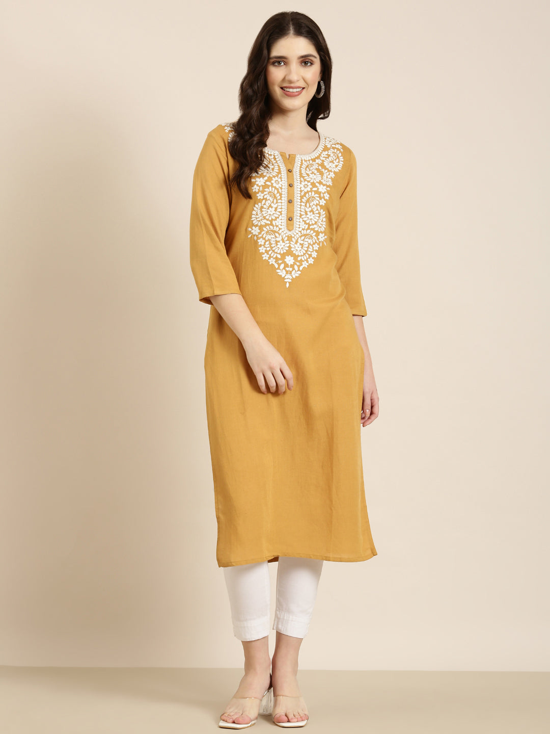 Women Mustard Solid Straight Kurta