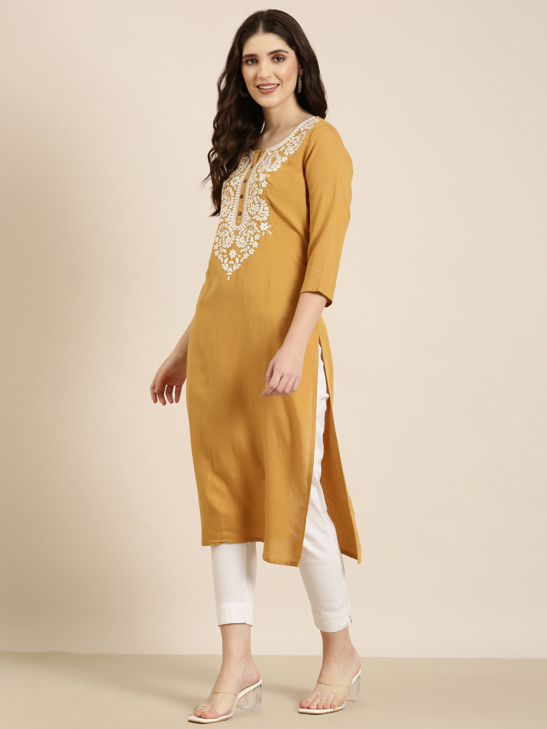 Women Mustard Solid Straight Kurta