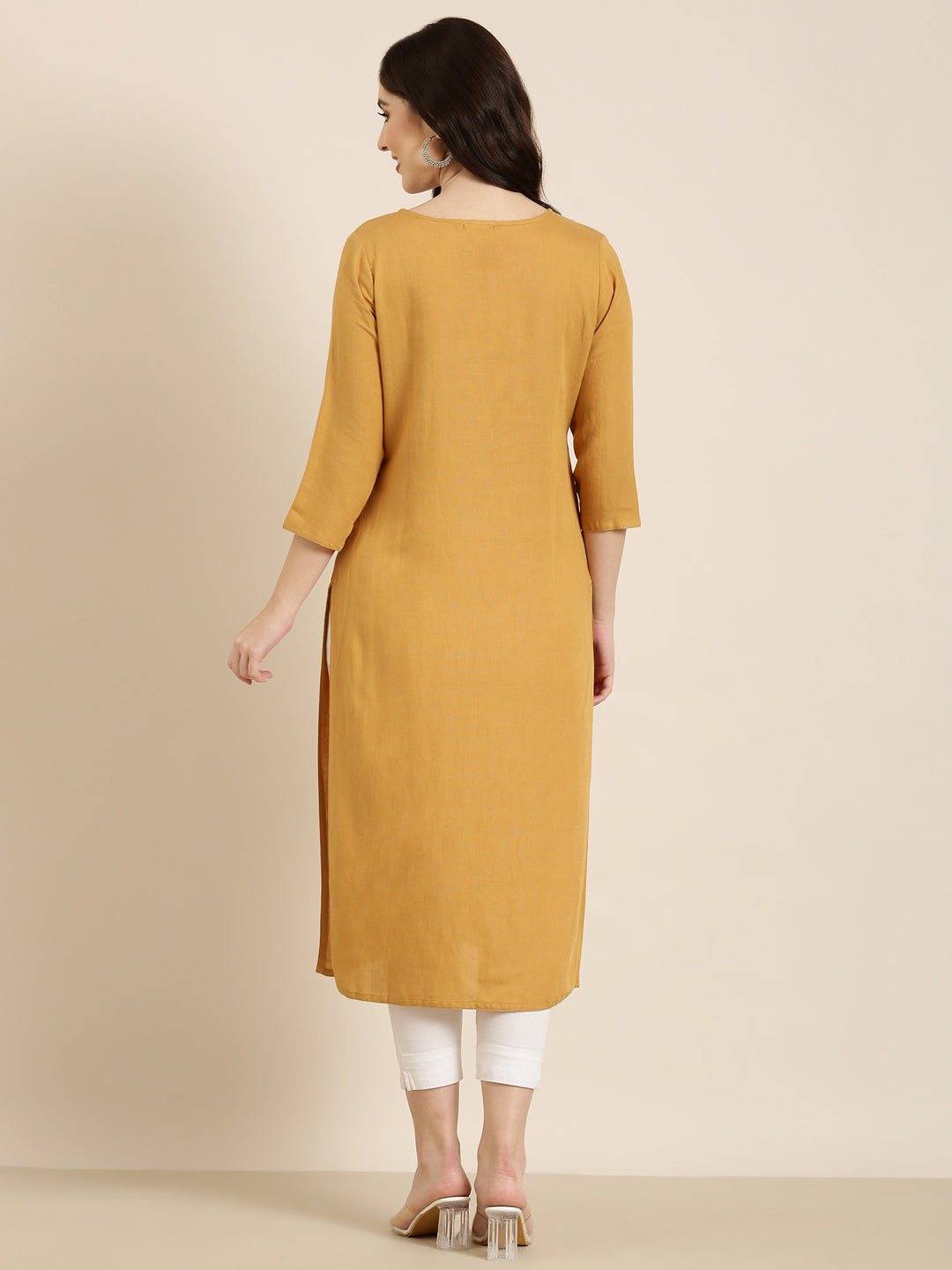 Women Mustard Solid Straight Kurta