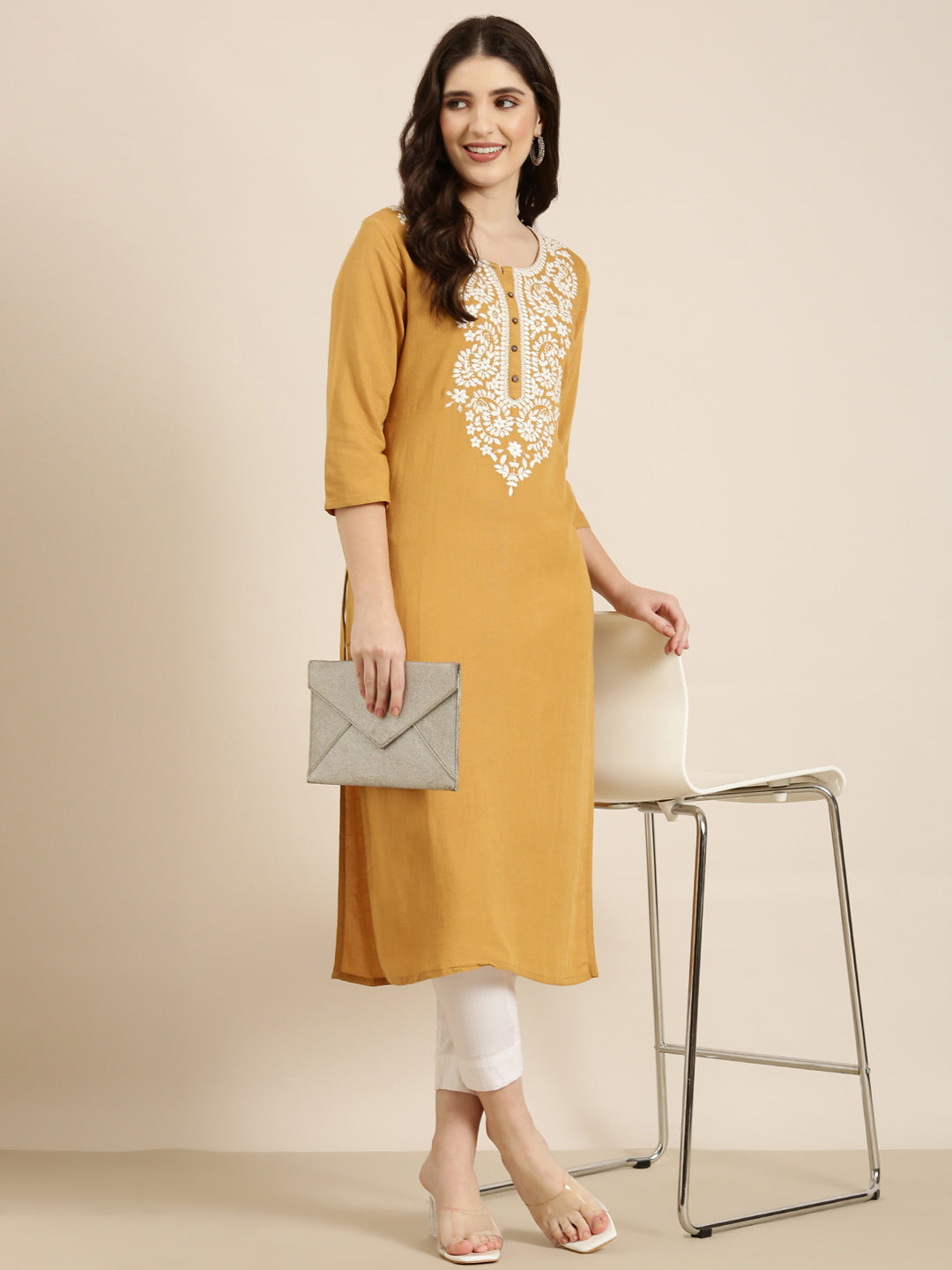 Women Mustard Solid Straight Kurta