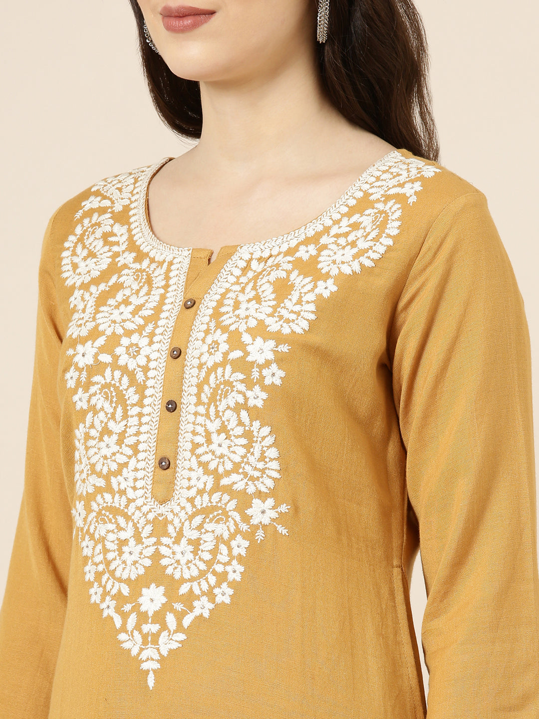 Women Mustard Solid Straight Kurta