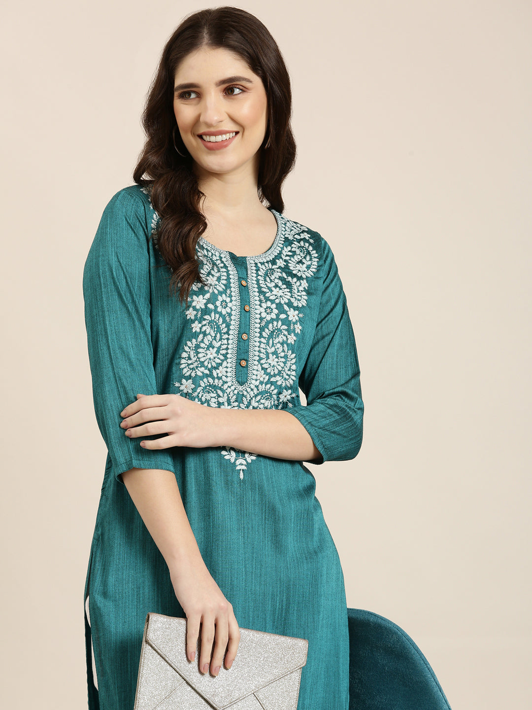 Women Teal Solid Straight Kurta