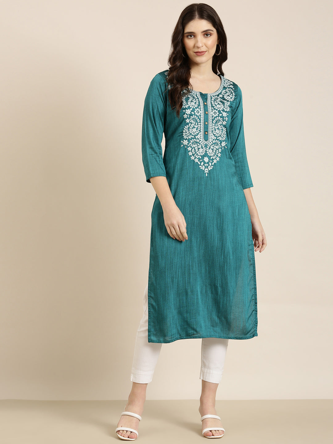 Women Teal Solid Straight Kurta