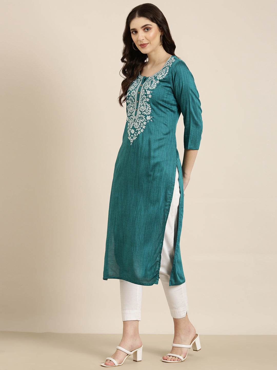 Women Teal Solid Straight Kurta