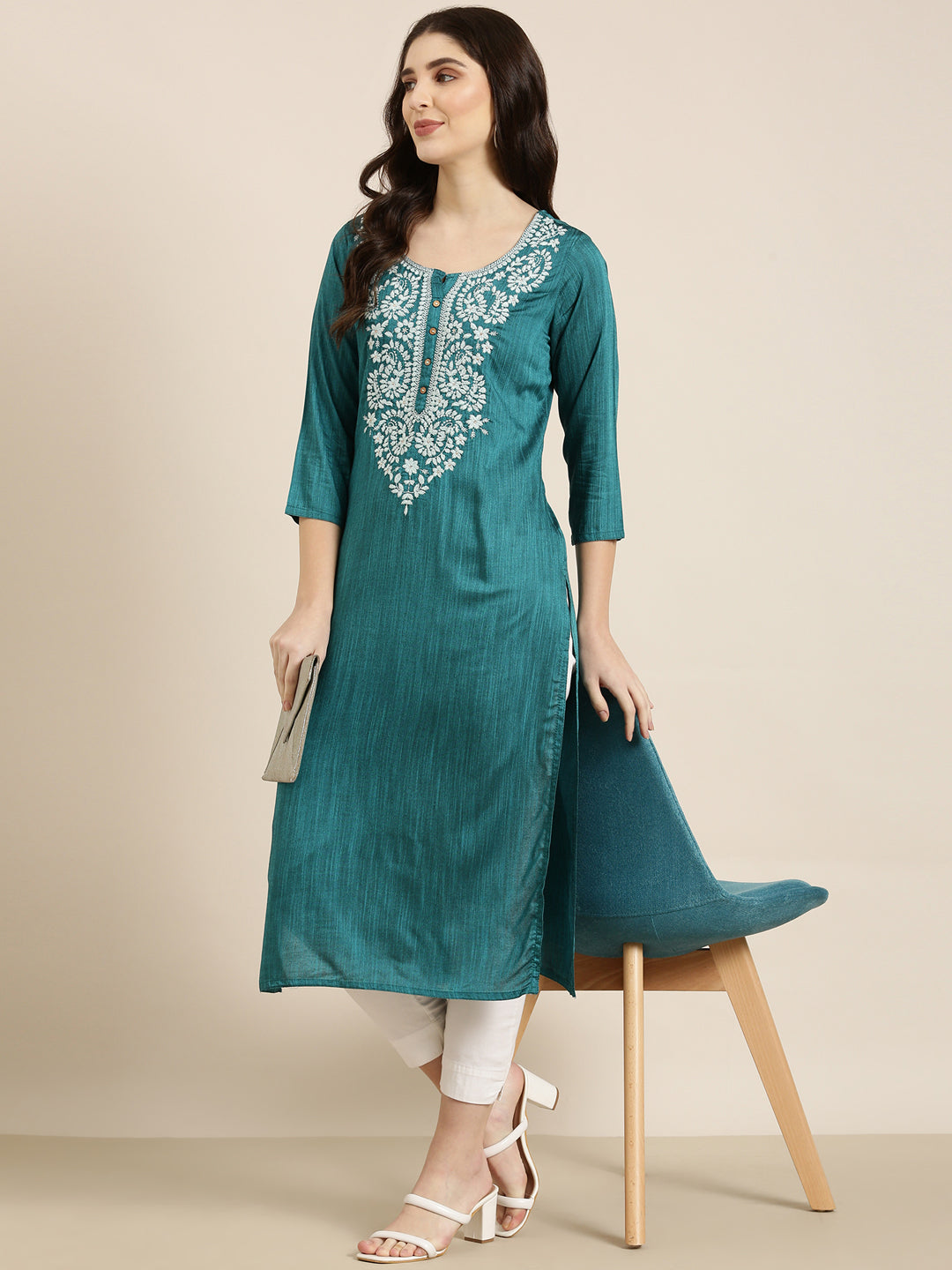 Women Teal Solid Straight Kurta