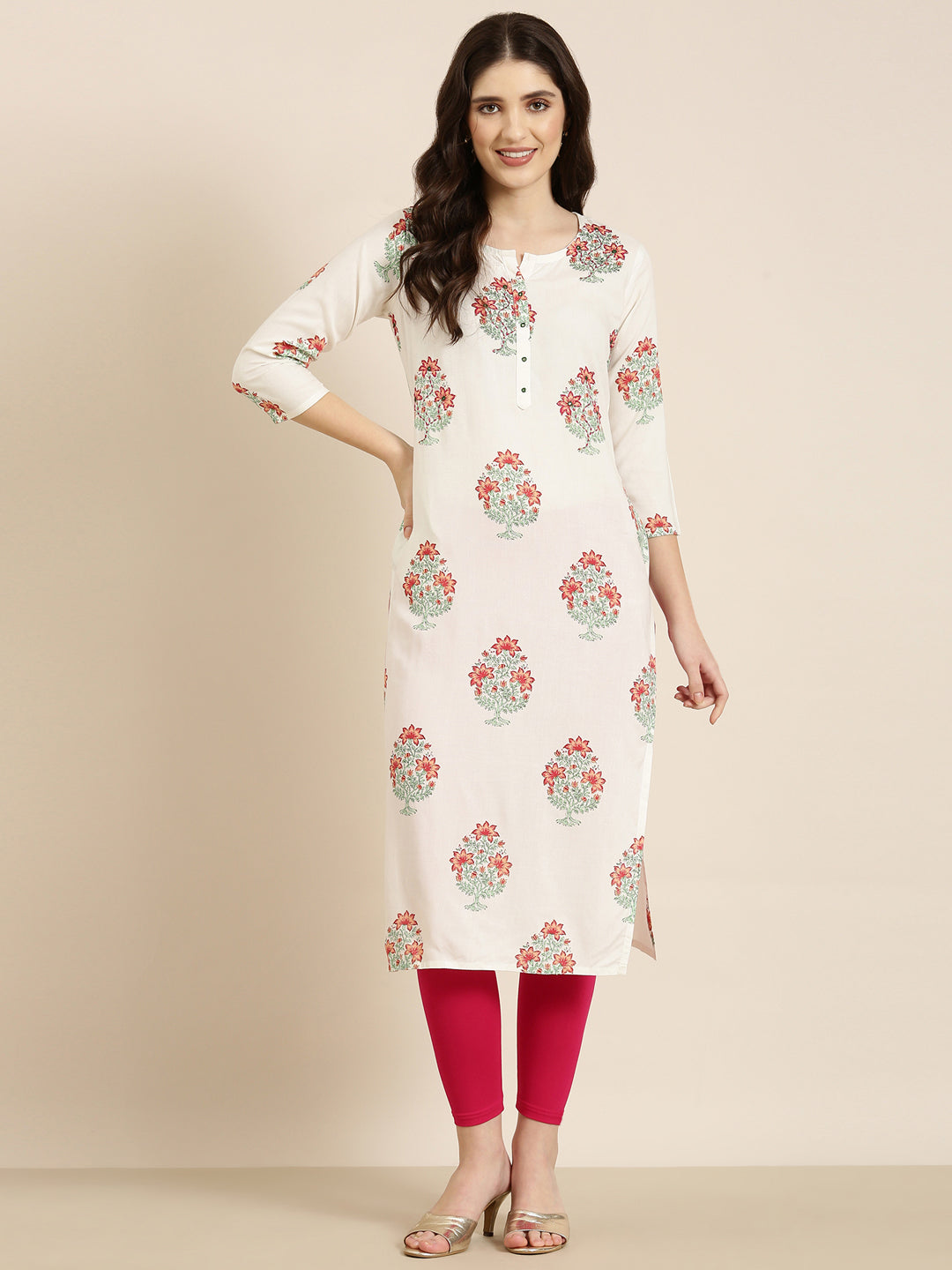 Women Off White Floral Straight Kurta