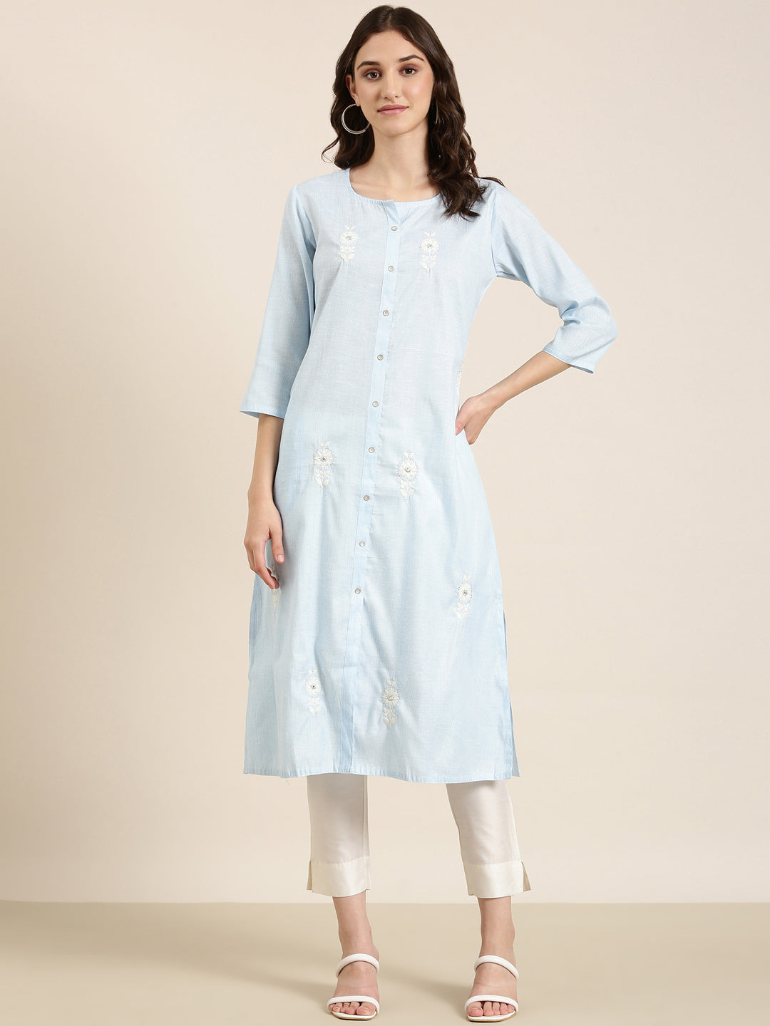 Women Blue Striped Straight Kurta