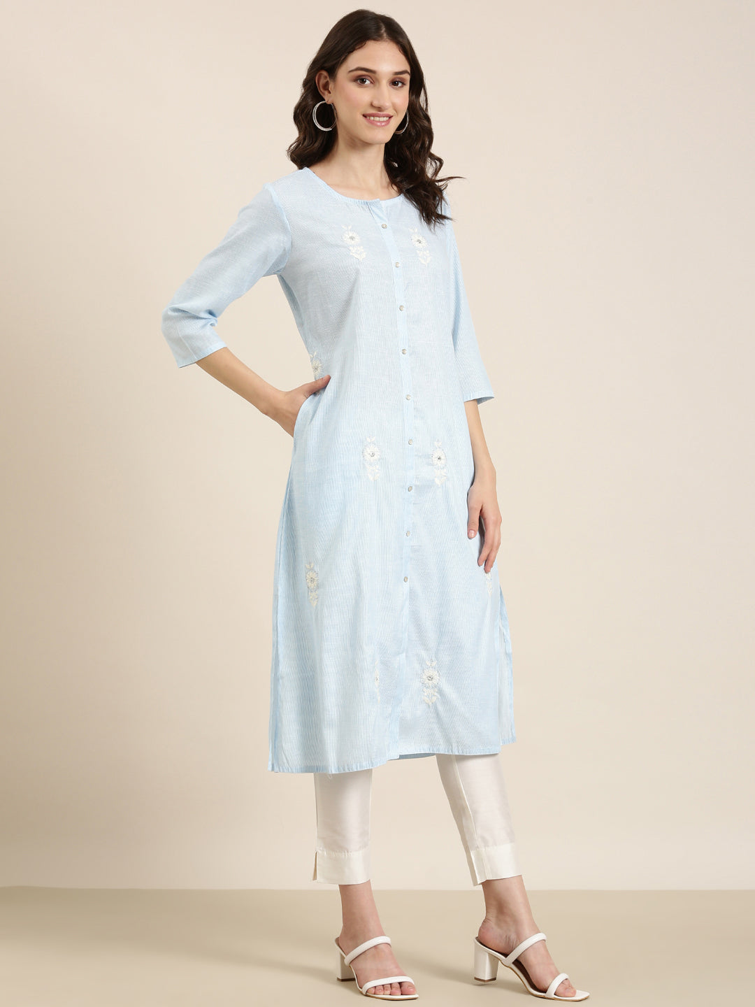 Women Blue Striped Straight Kurta