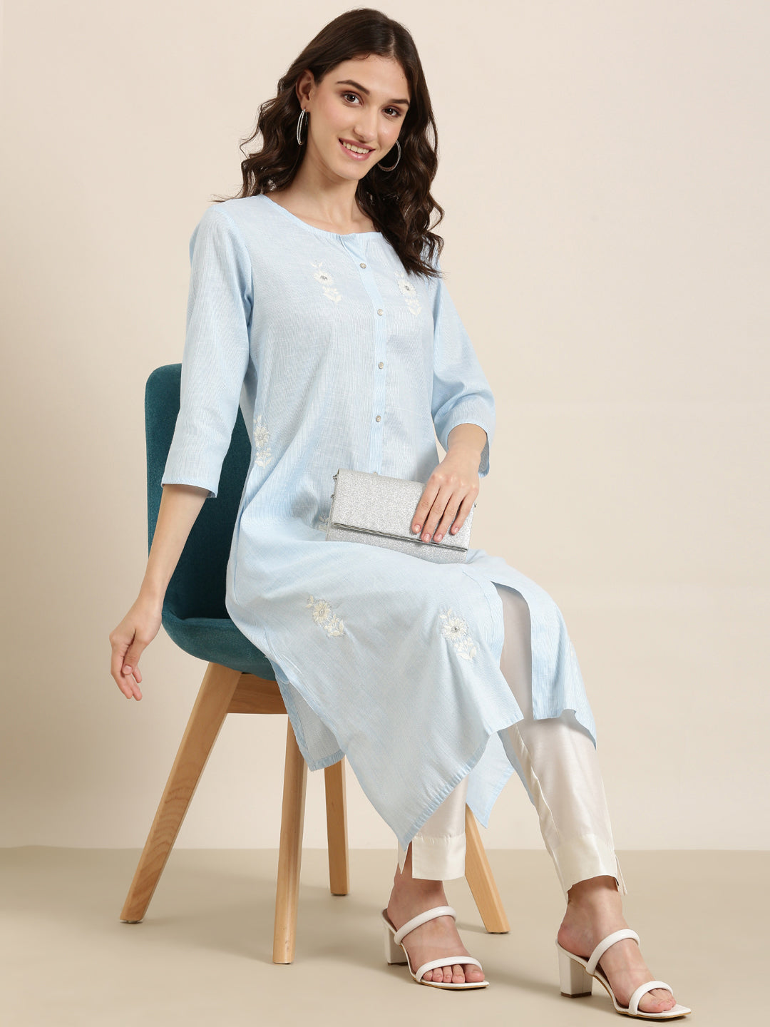 Women Blue Striped Straight Kurta