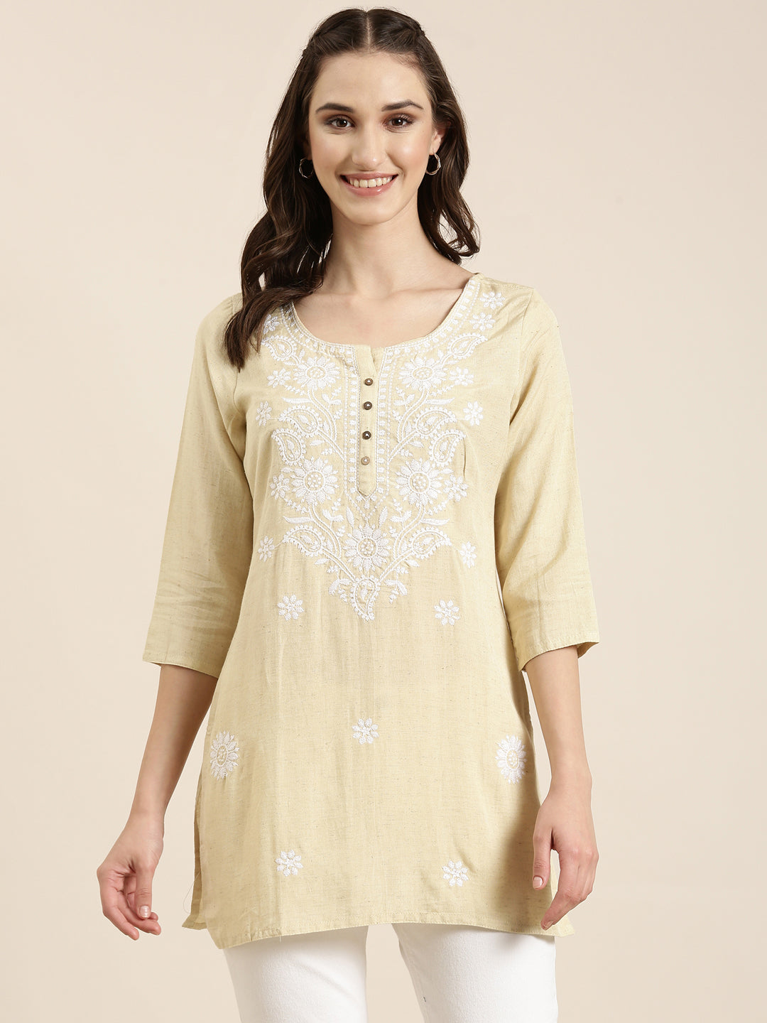 Women Cream Floral Straight Kurti