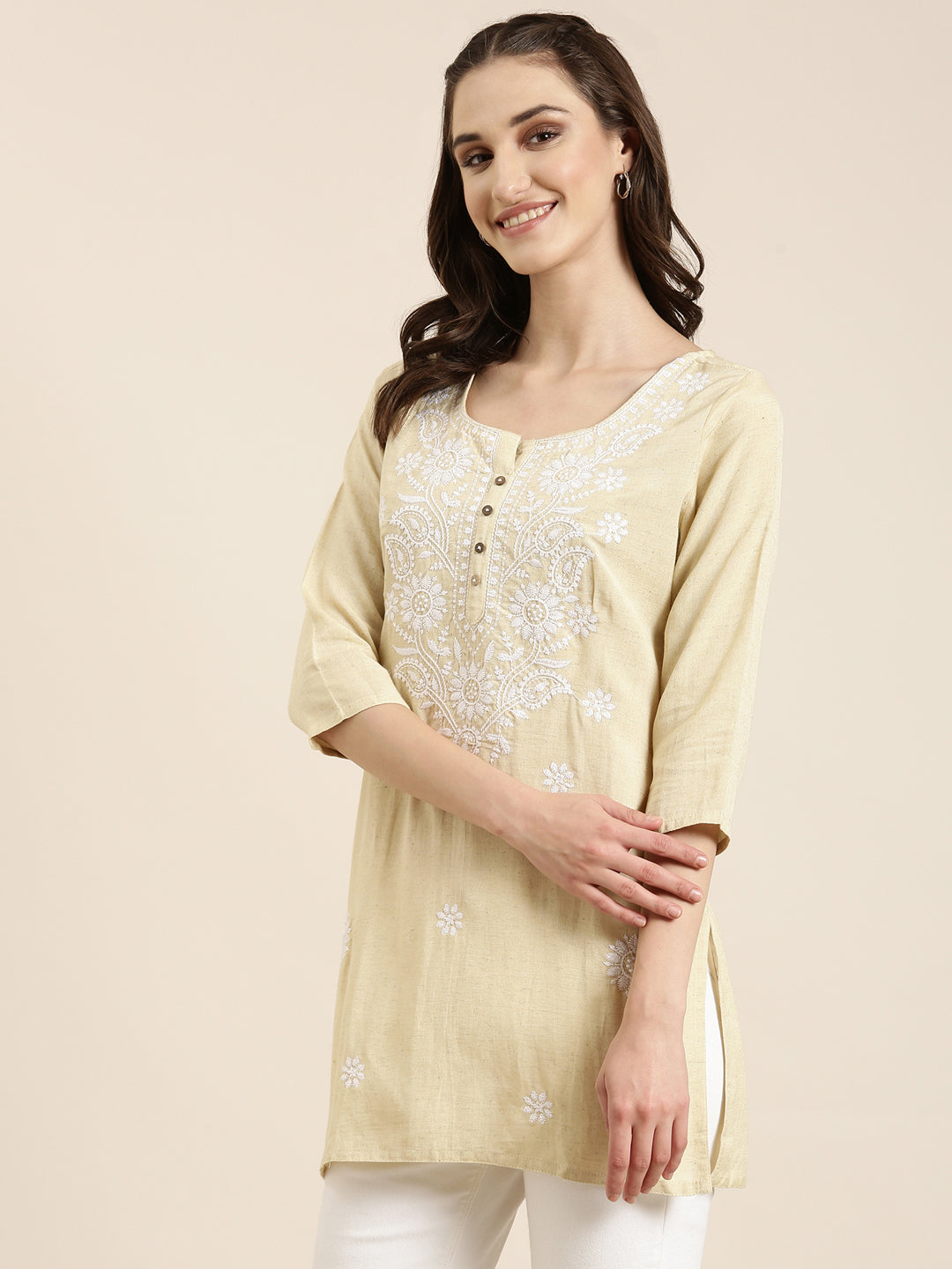 Women Cream Floral Straight Kurti