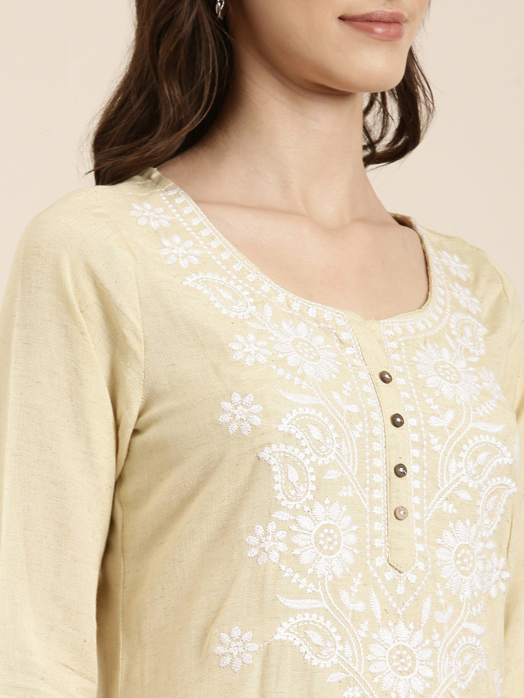 Women Cream Floral Straight Kurti