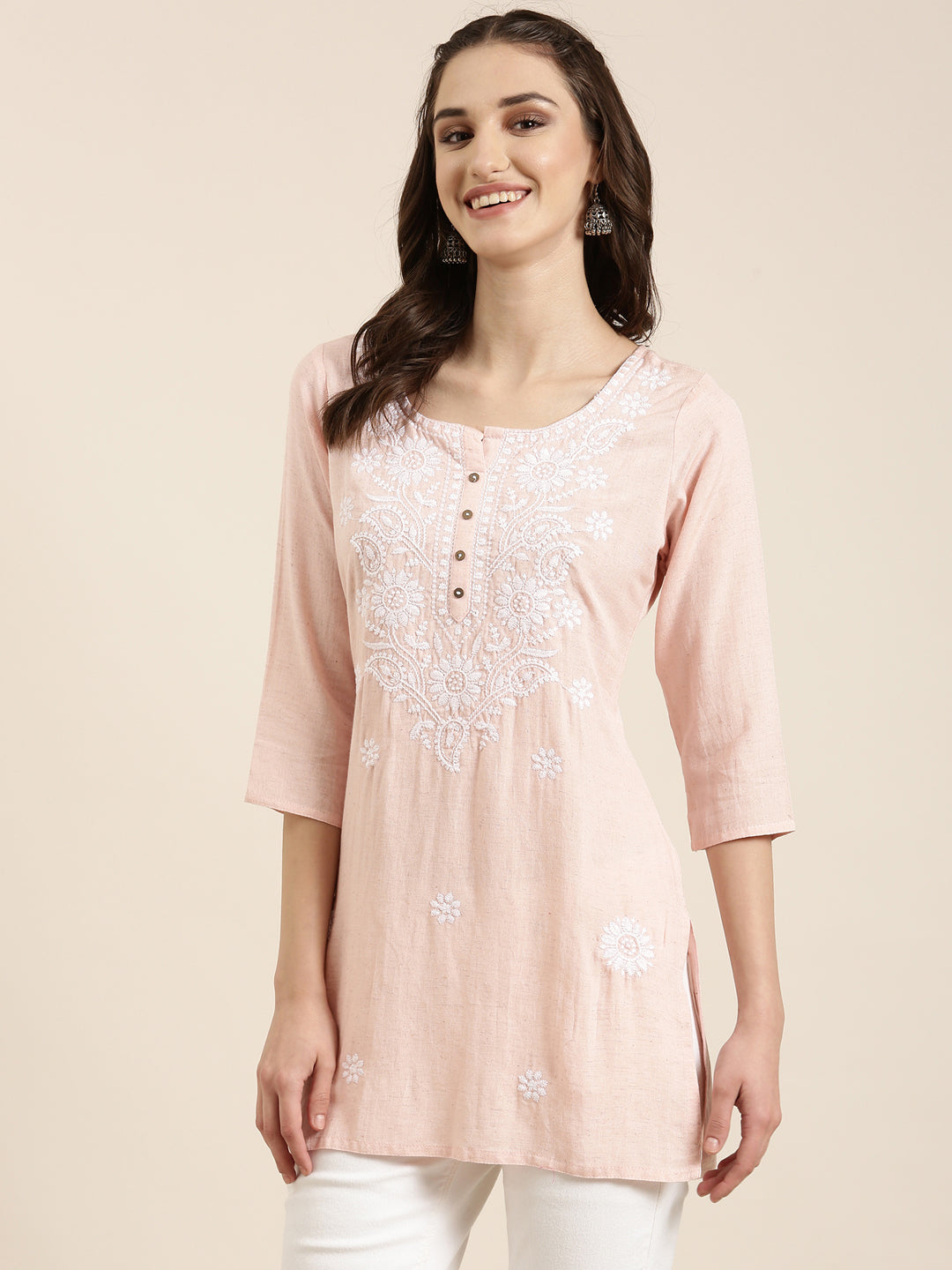 Women Pink Floral Straight Kurti