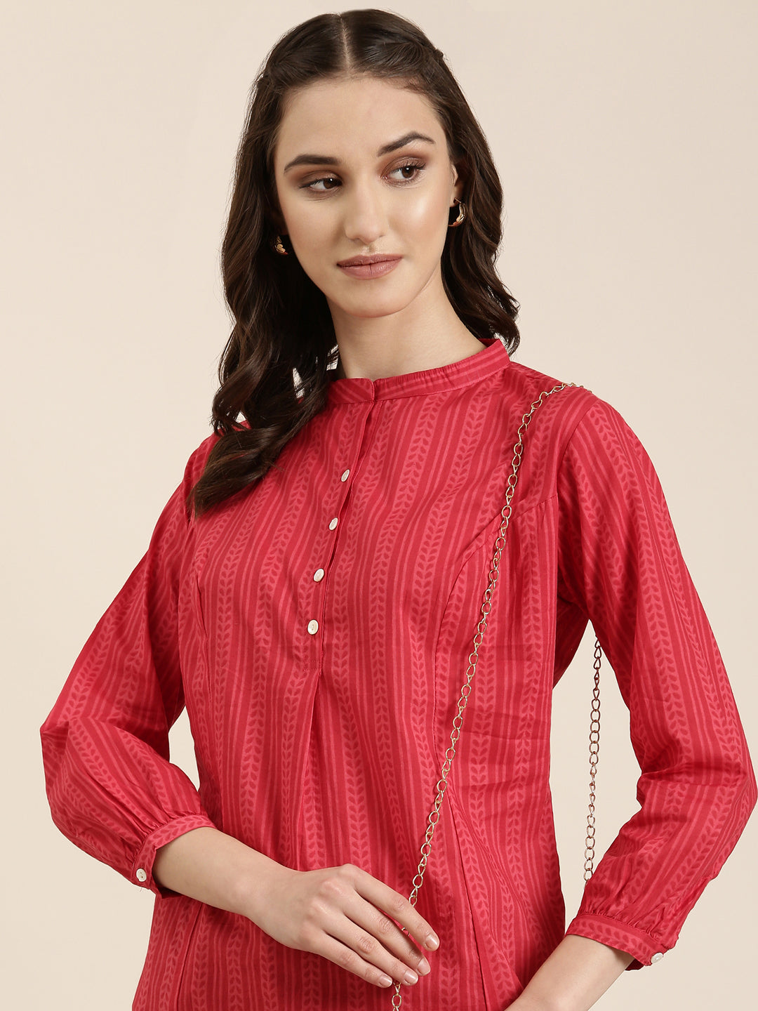 Women Pink Striped A-Line Kurti