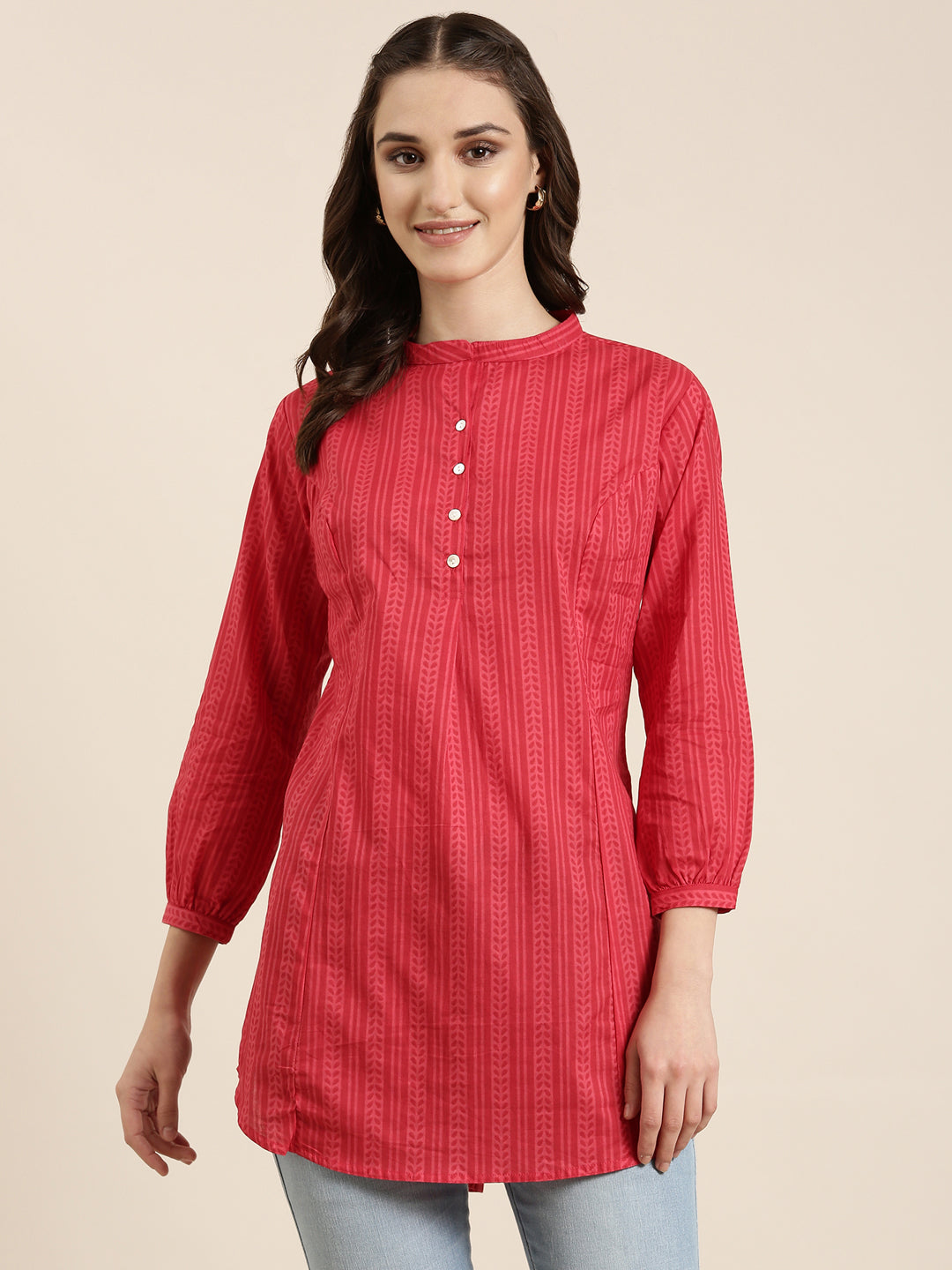 Women Pink Striped A-Line Kurti