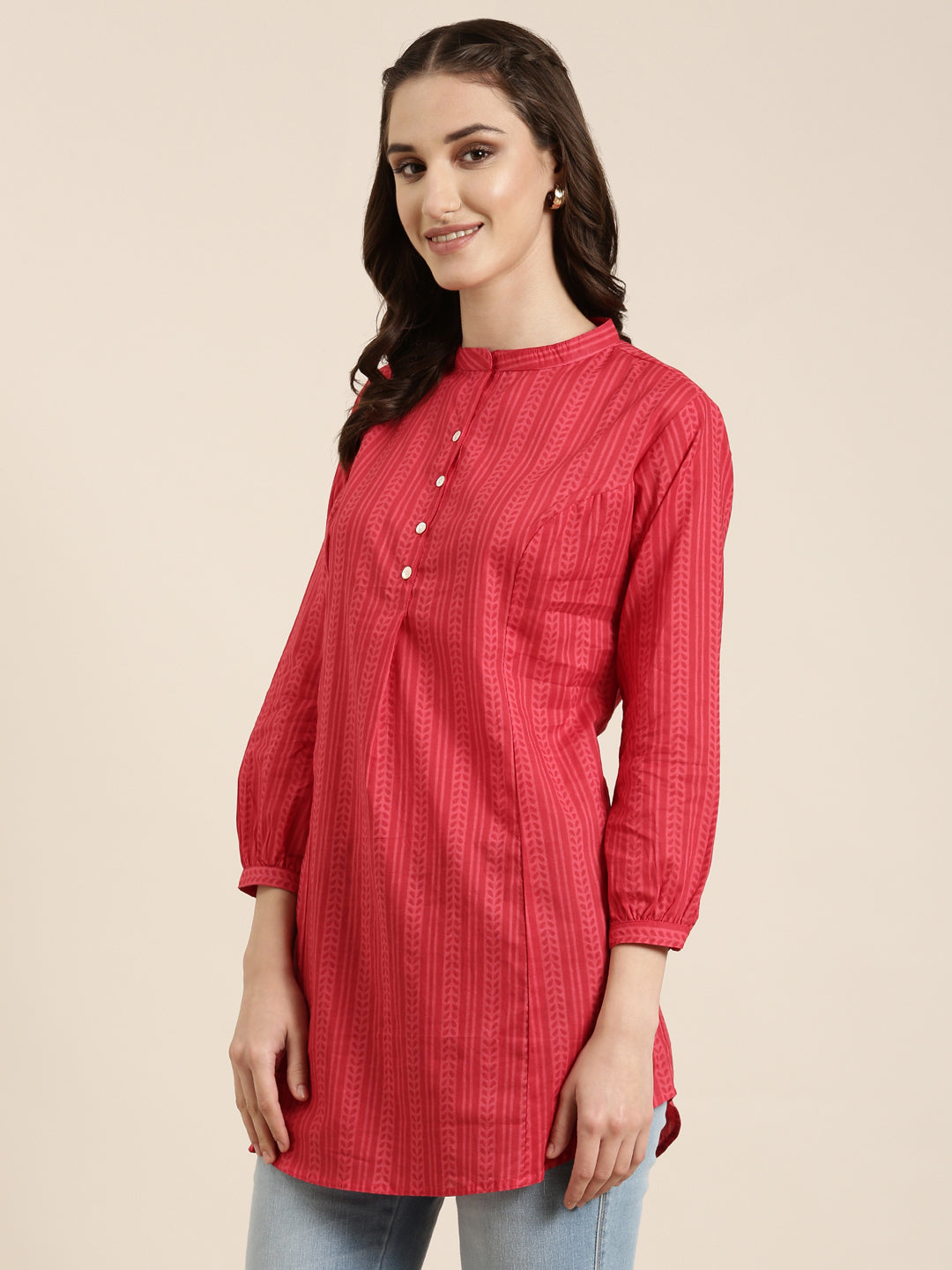 Women Pink Striped A-Line Kurti