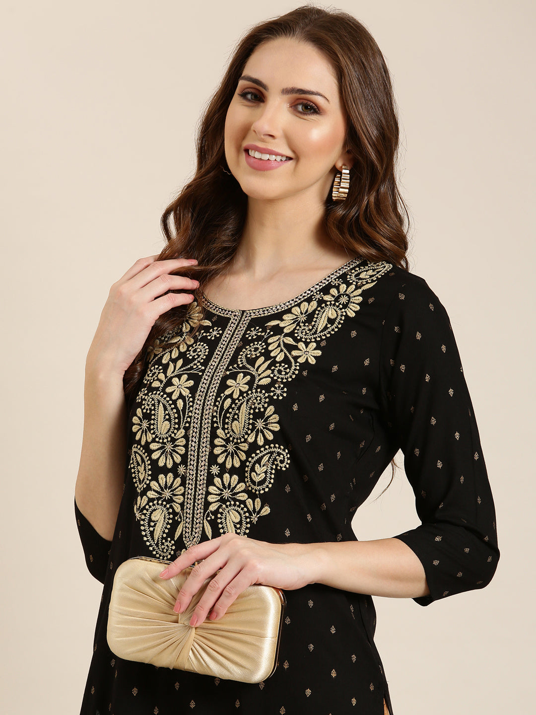 Women Black Floral Straight Kurta