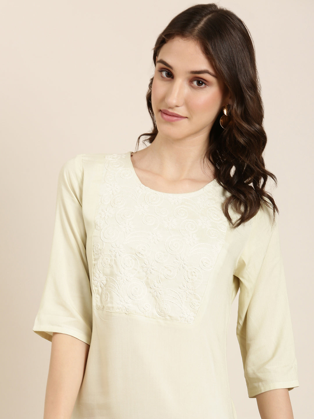 Women Cream Solid Straight Kurta