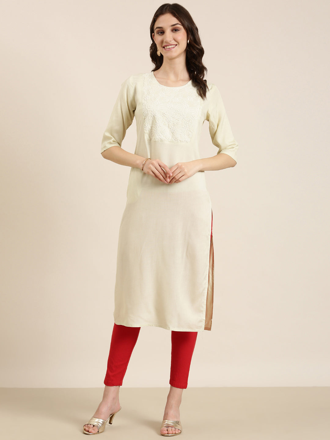 Women Cream Solid Straight Kurta