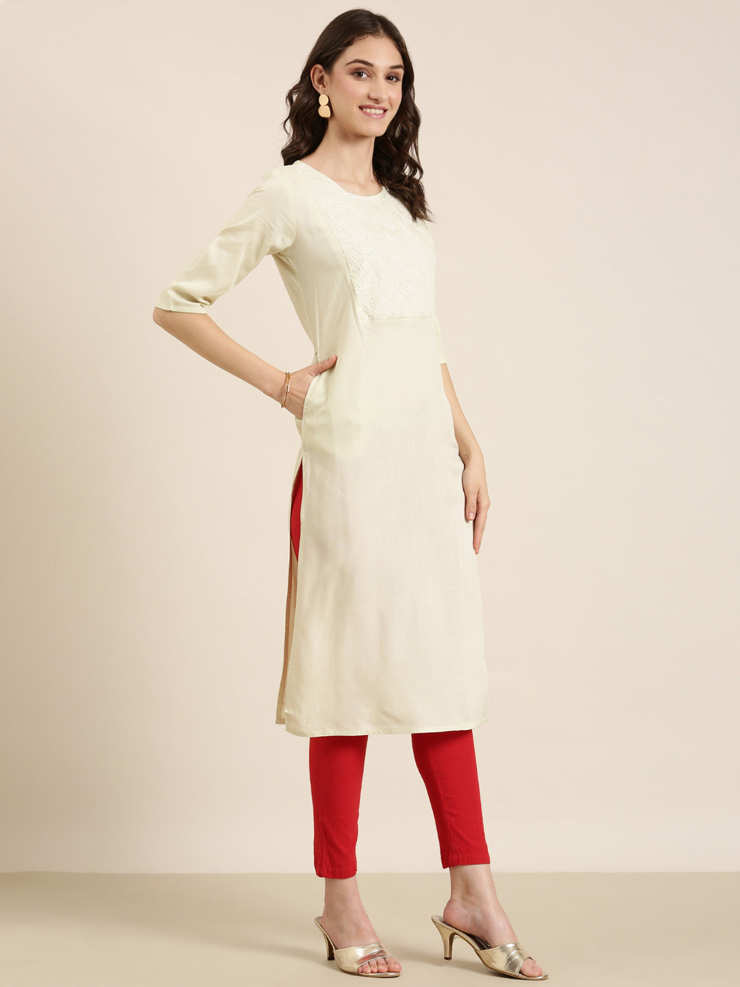 Women Cream Solid Straight Kurta