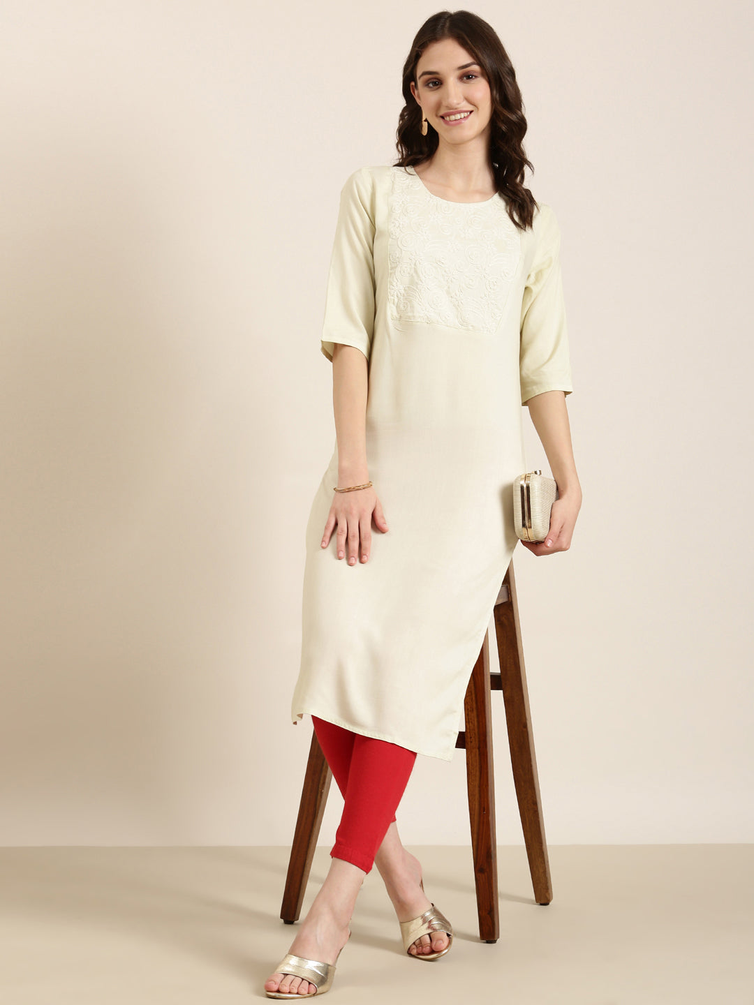 Women Cream Solid Straight Kurta