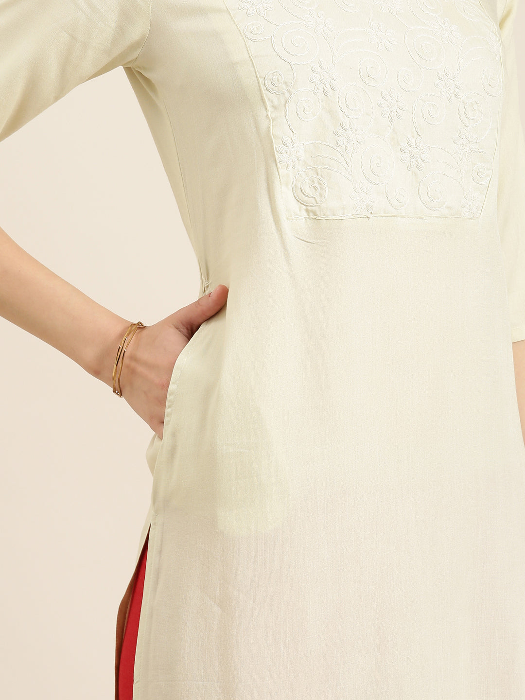 Women Cream Solid Straight Kurta