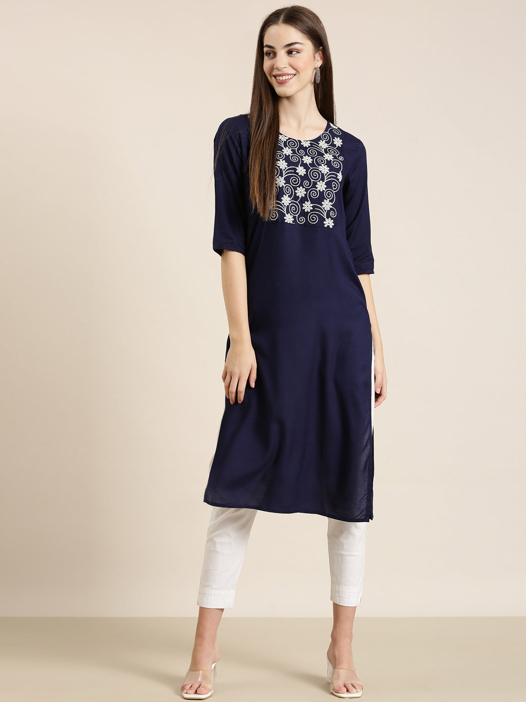 Women Navy Blue Solid Straight Kurta