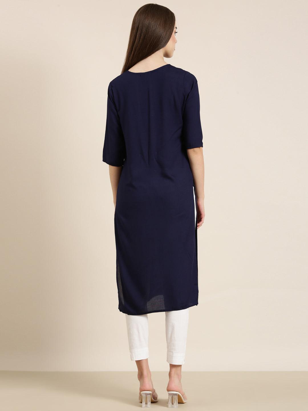 Women Navy Blue Solid Straight Kurta