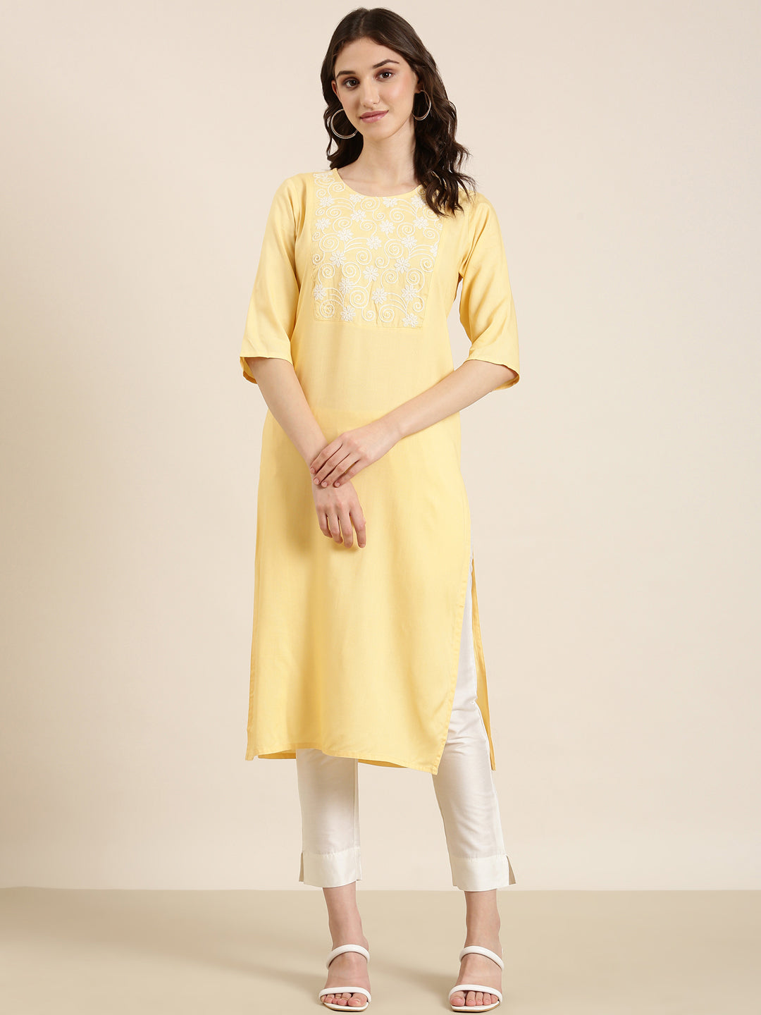 Women Yellow Solid Straight Kurta