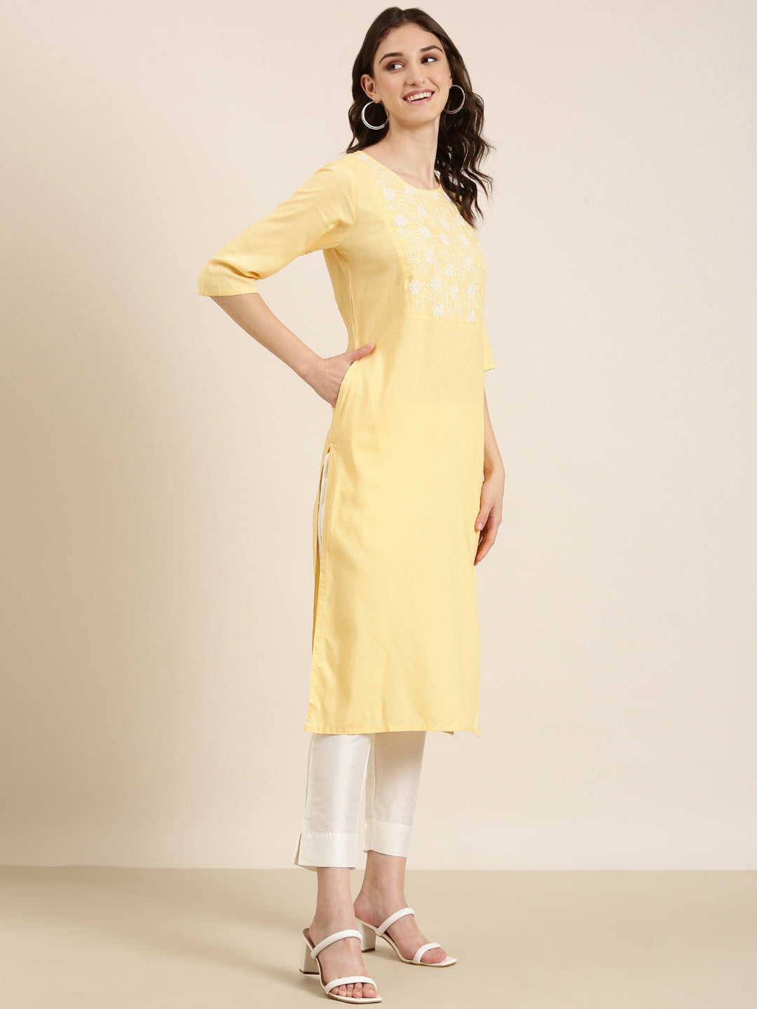 Women Yellow Solid Straight Kurta