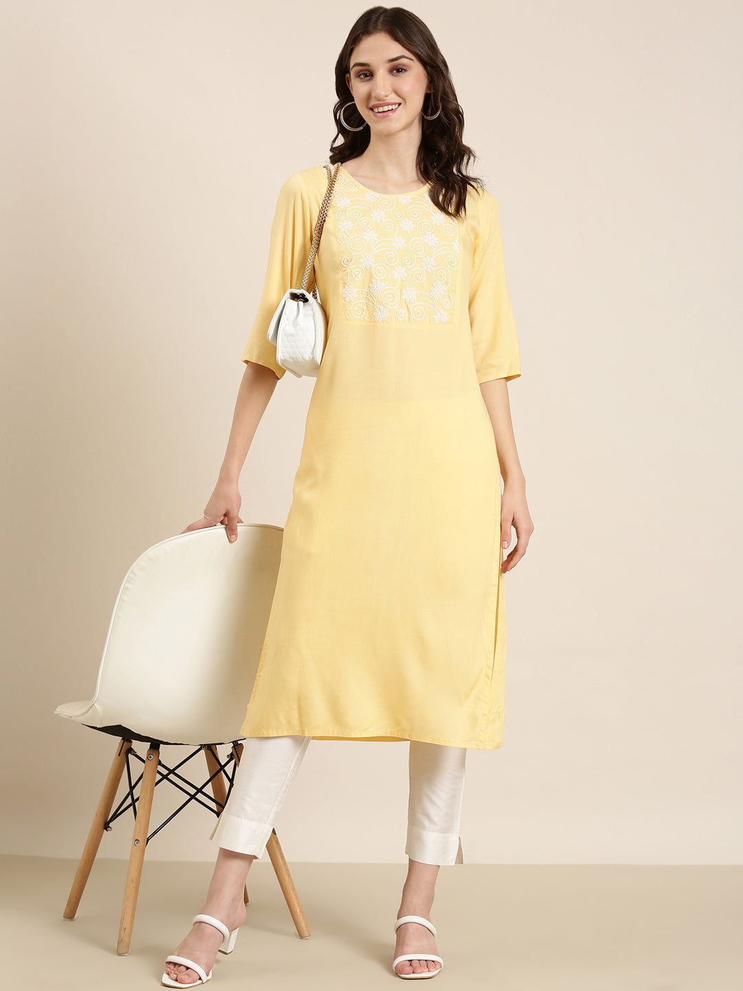 Women Yellow Solid Straight Kurta