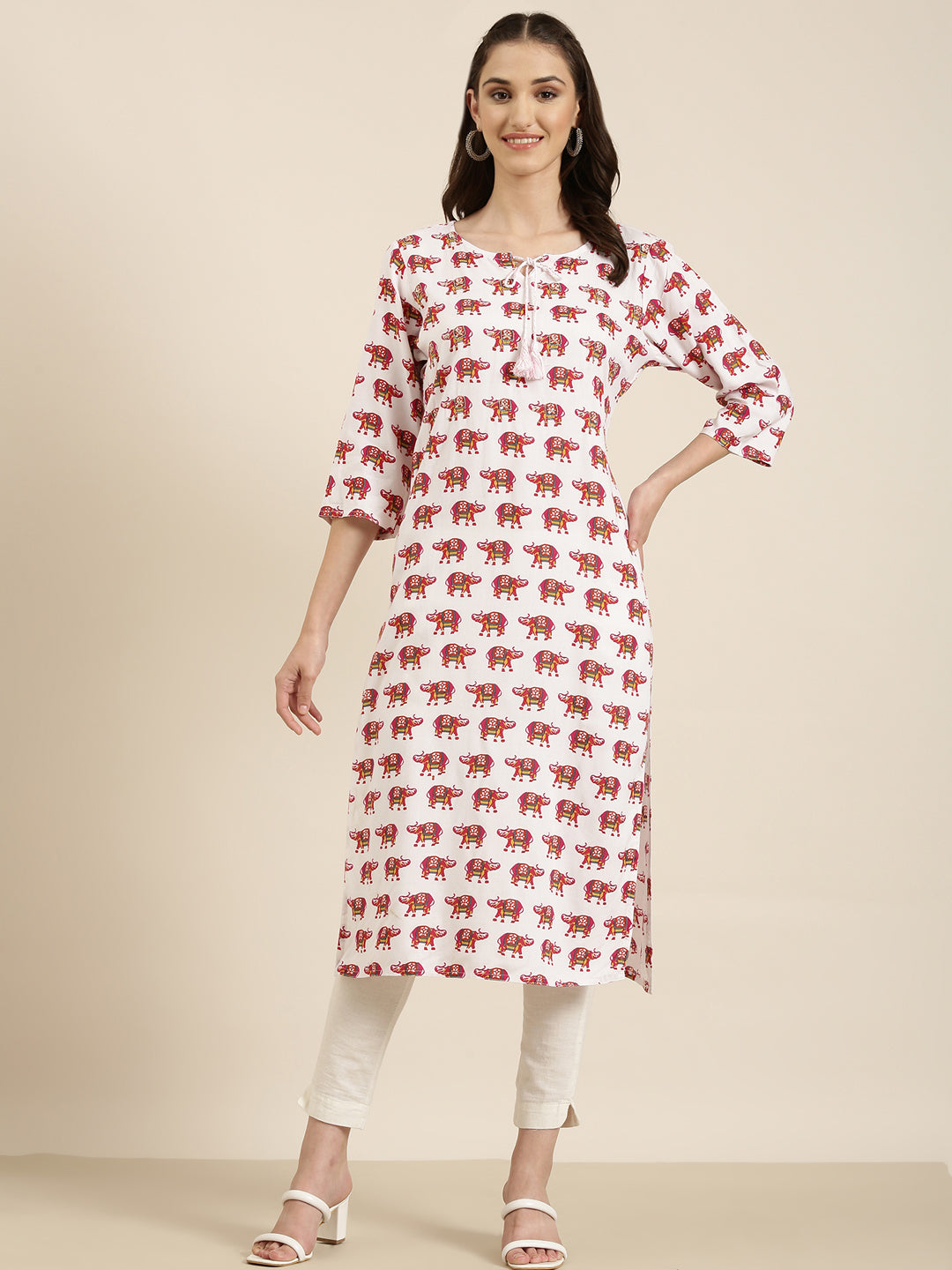 Women White Printed Straight Kurta