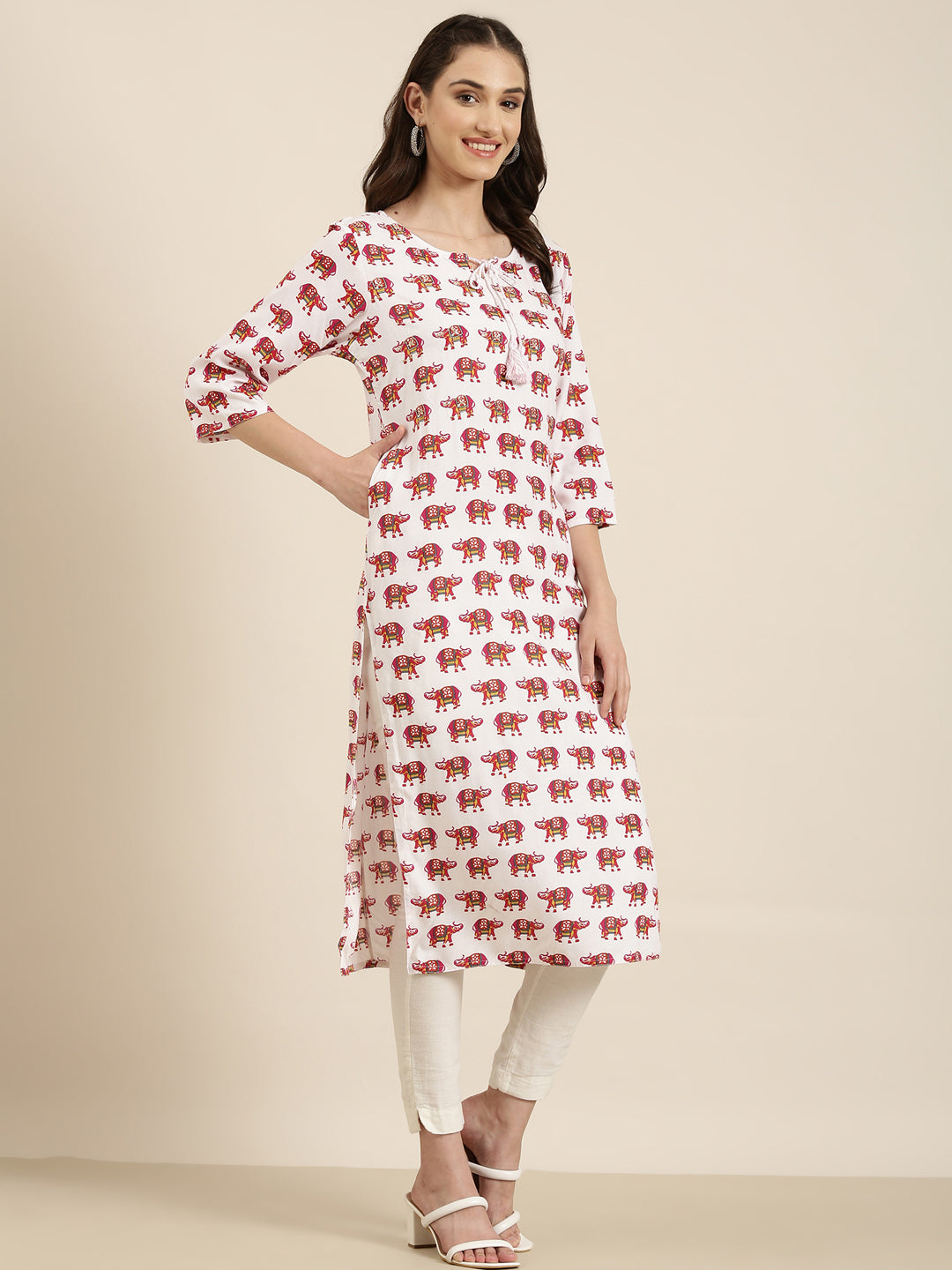 Women White Printed Straight Kurta