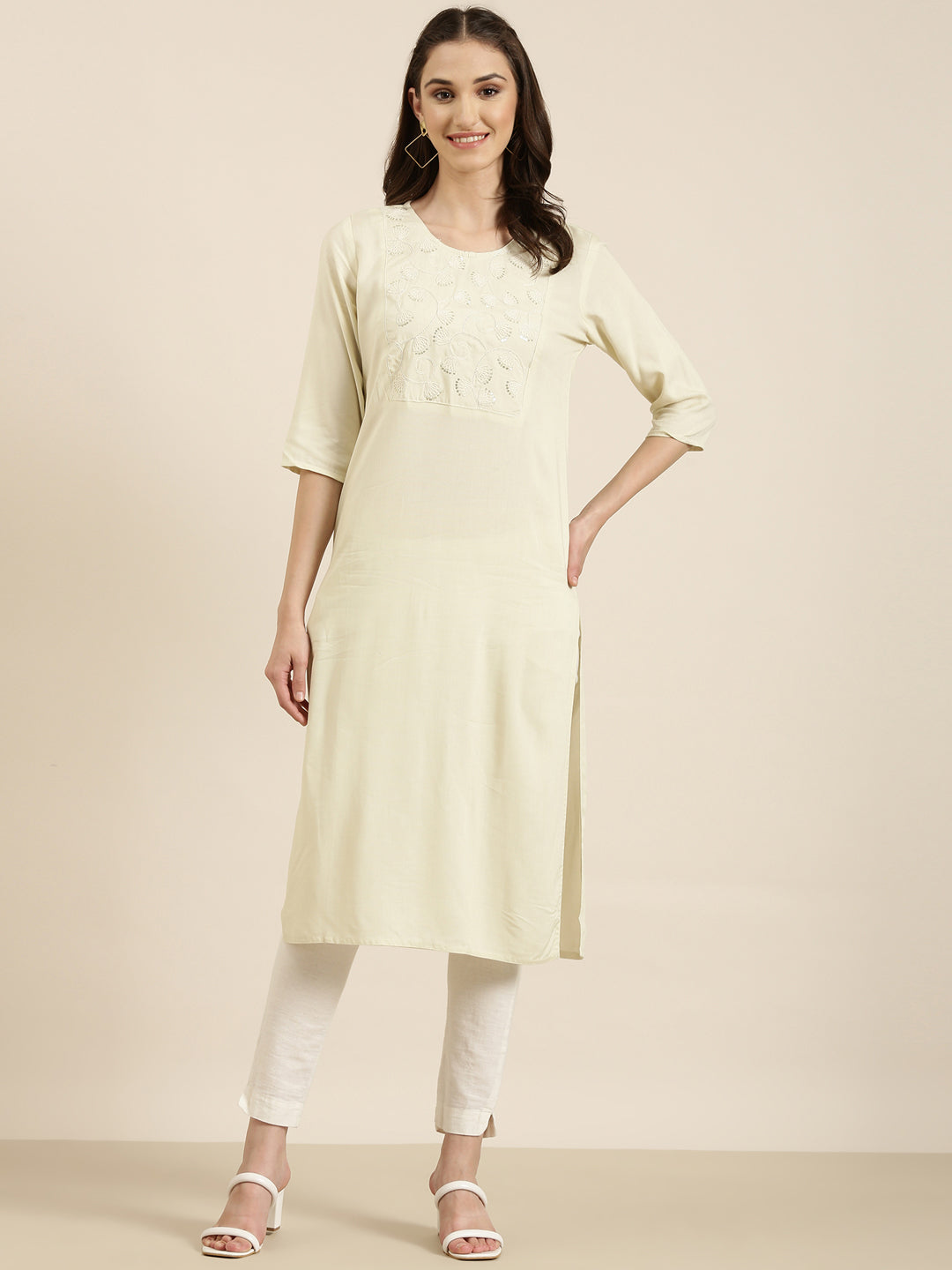 Women Cream Solid Straight Kurta