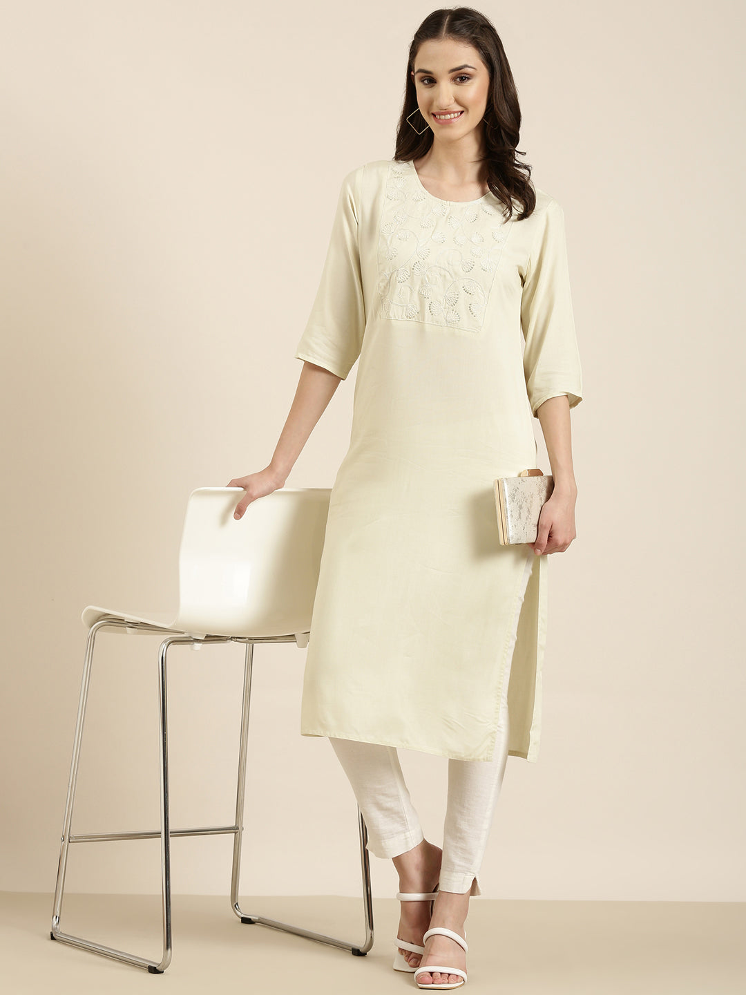 Women Cream Solid Straight Kurta