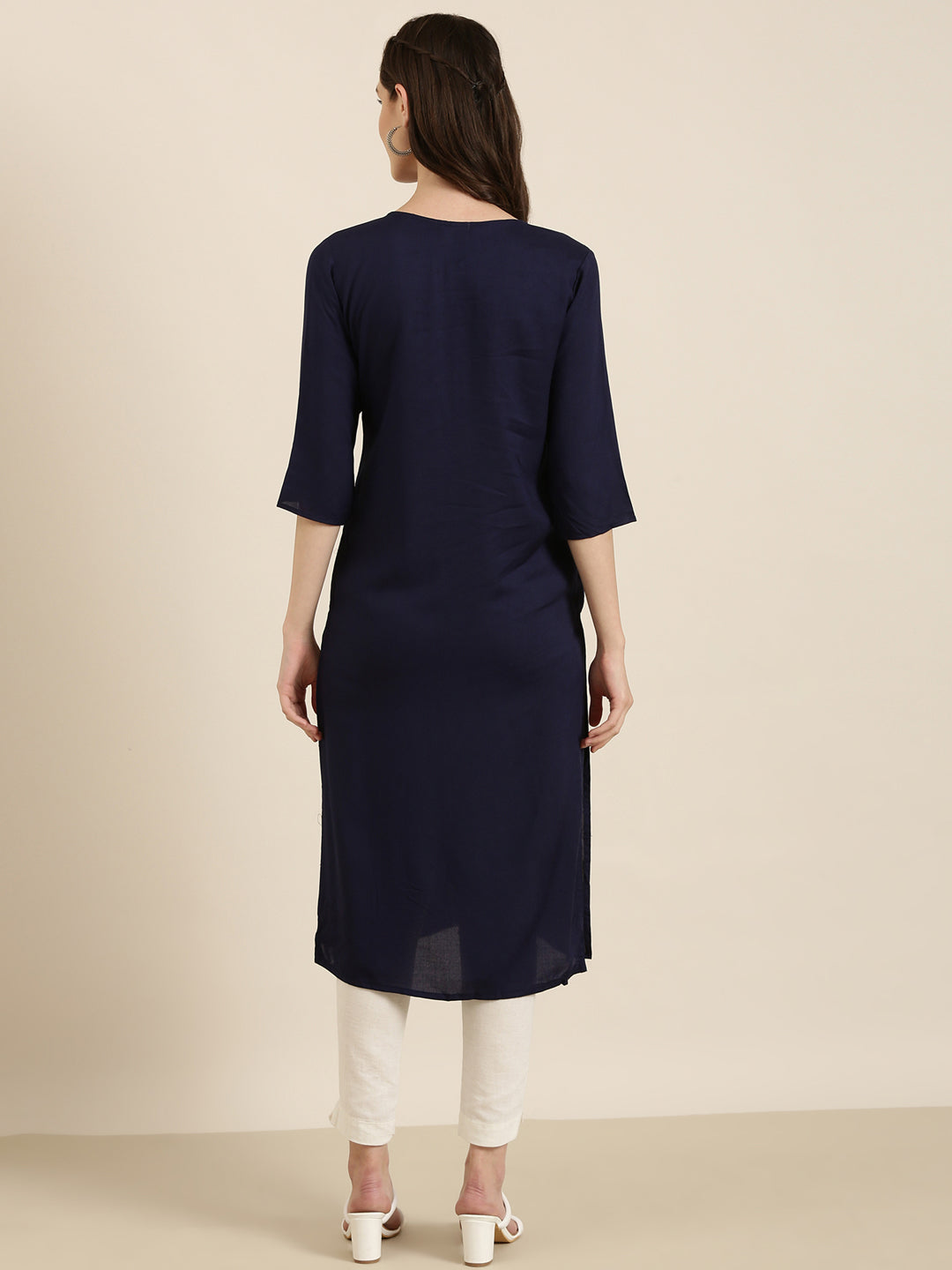 Women Navy Blue Solid Straight Kurta