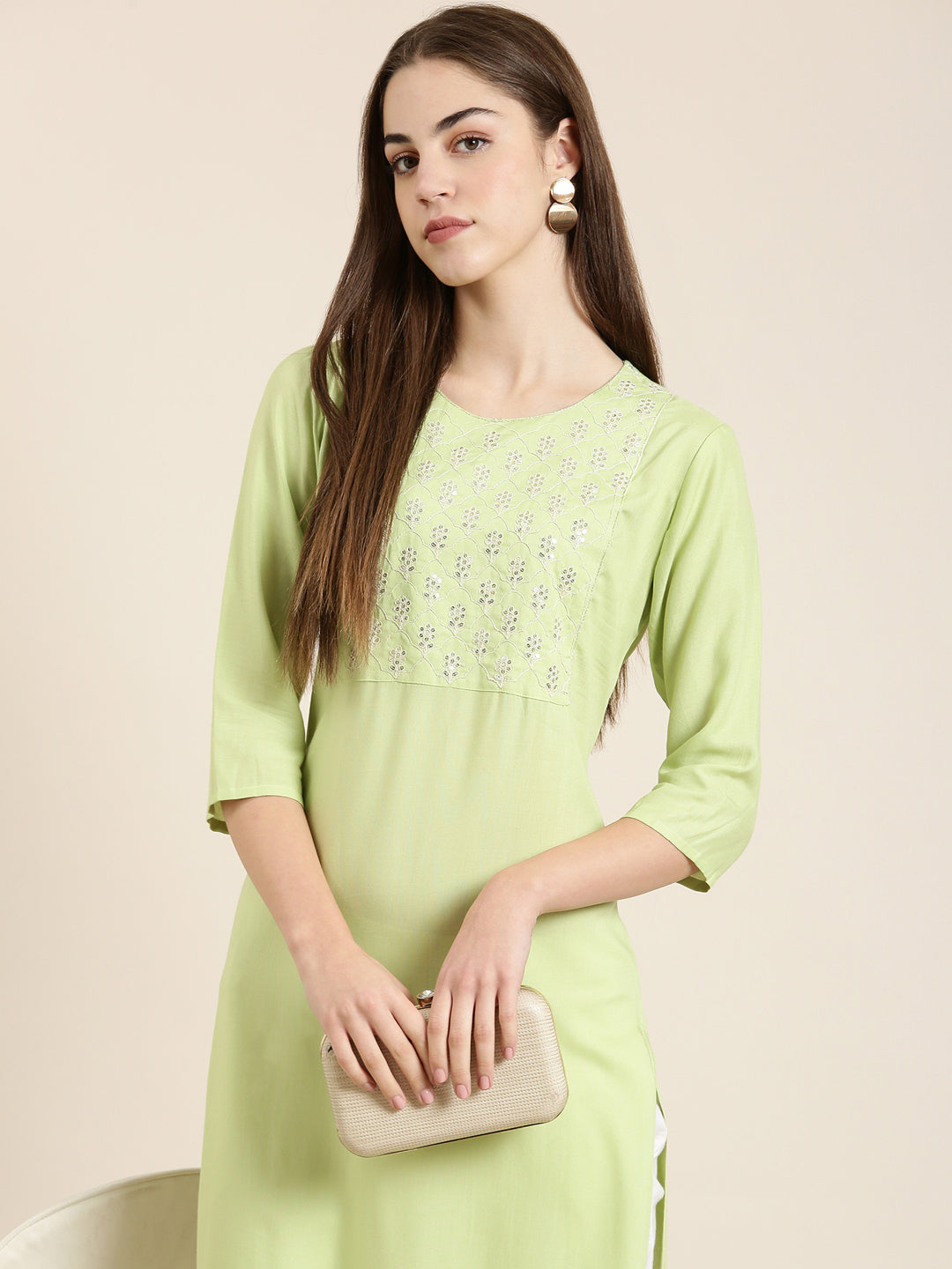 Women Lime Green Solid Straight Kurta