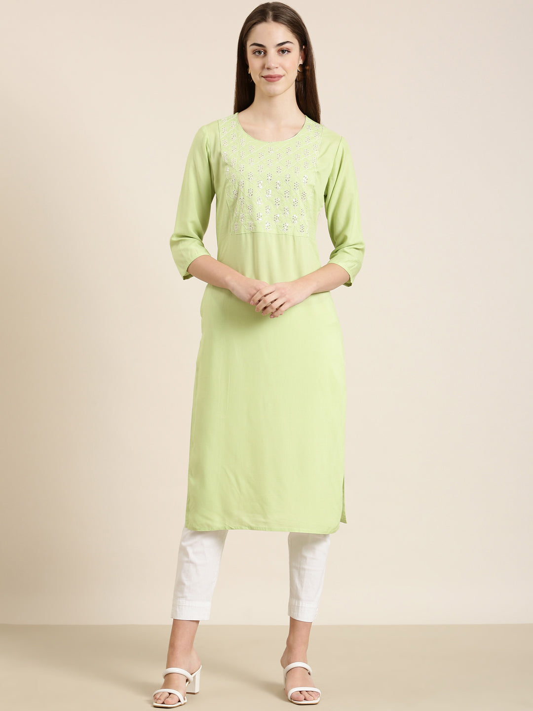 Women Lime Green Solid Straight Kurta