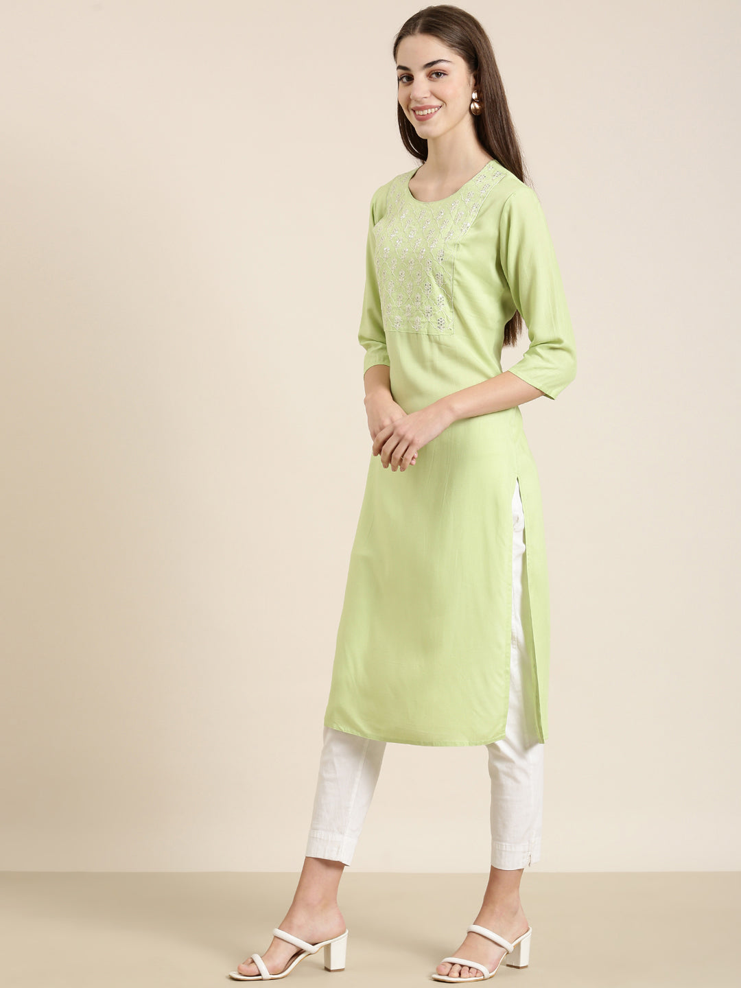 Women Lime Green Solid Straight Kurta