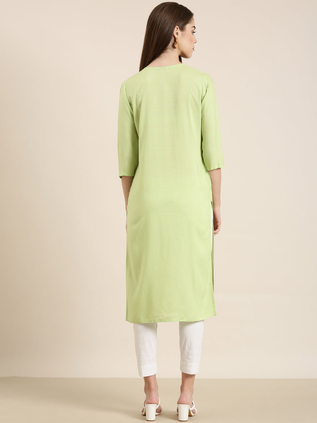 Women Lime Green Solid Straight Kurta