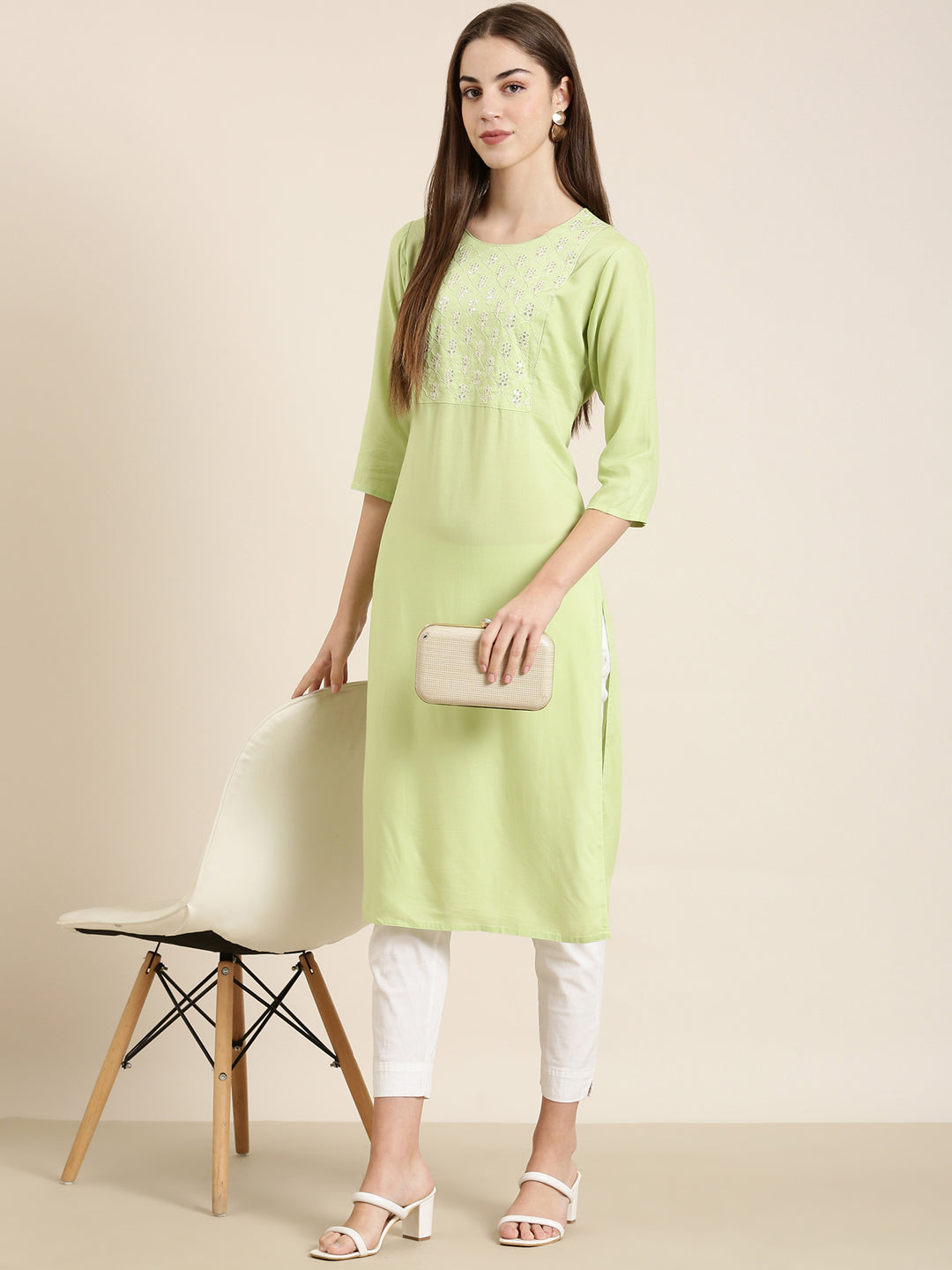 Women Lime Green Solid Straight Kurta