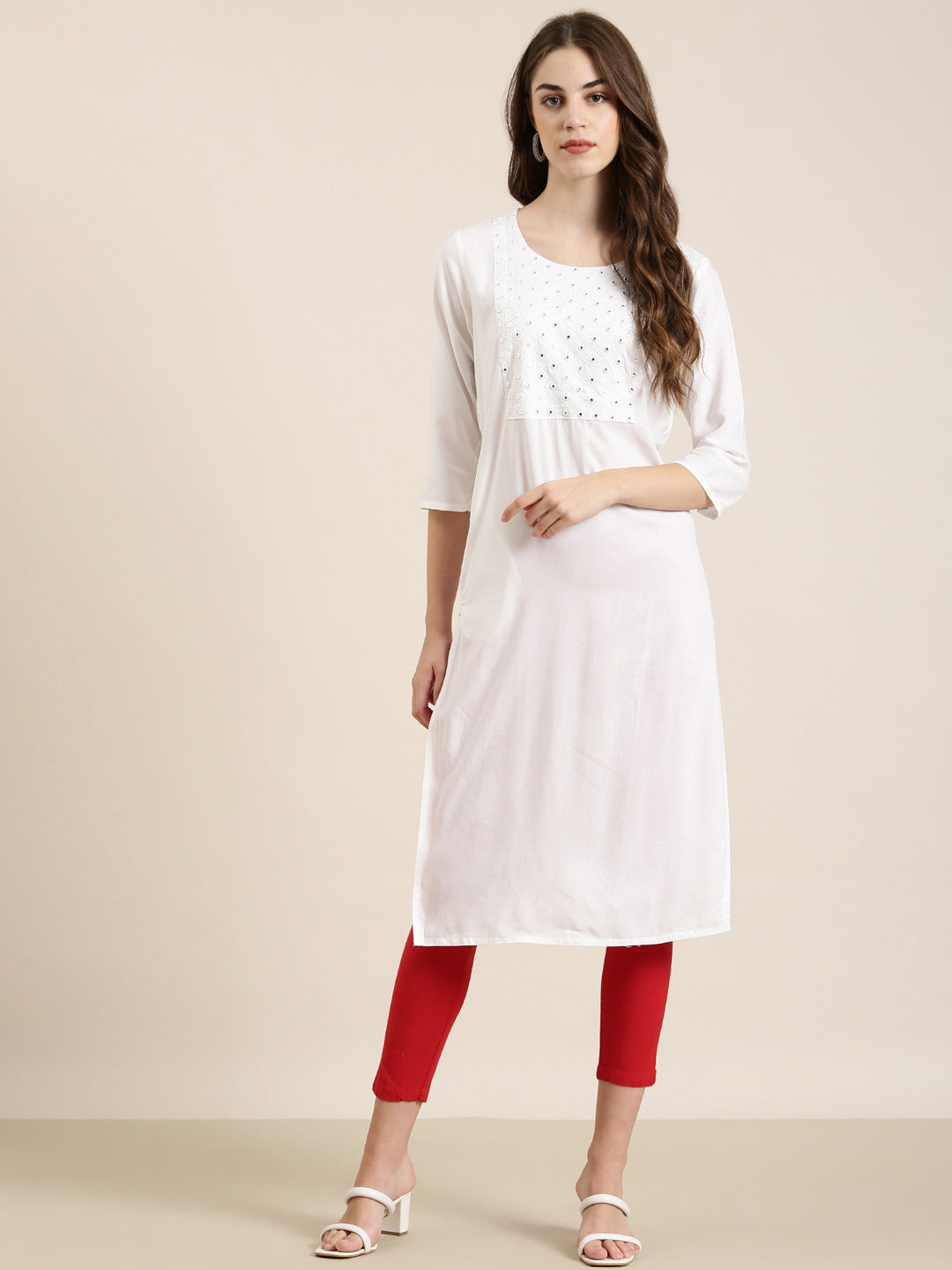 Women Off White Solid Straight Kurta