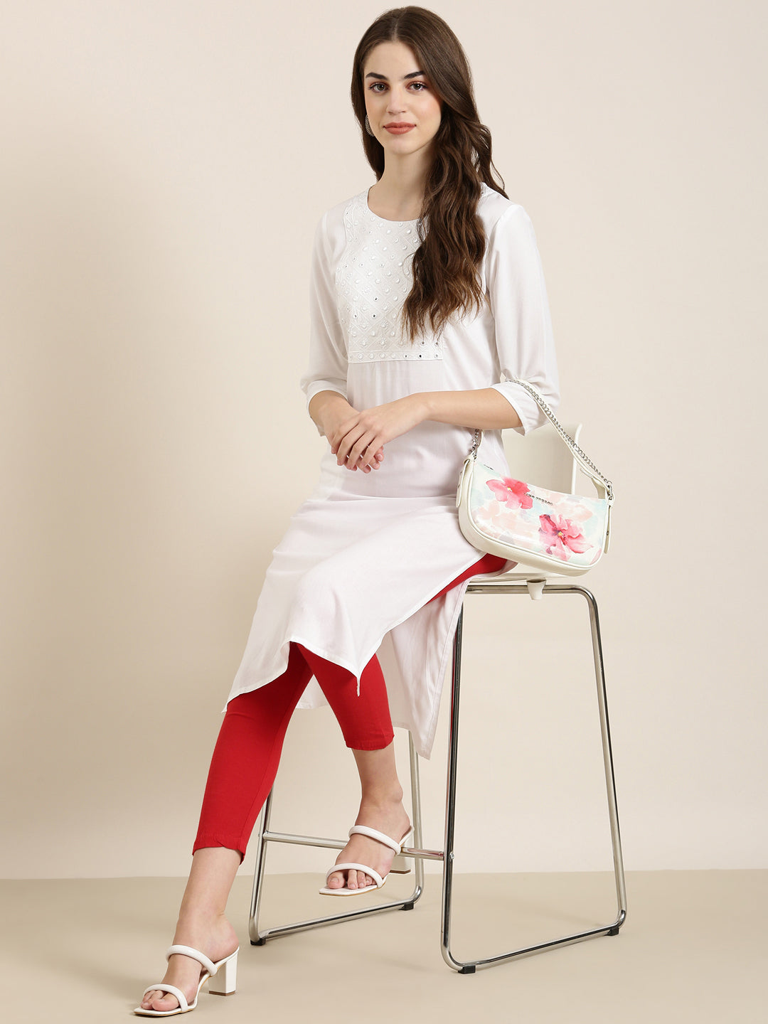 Women Off White Solid Straight Kurta