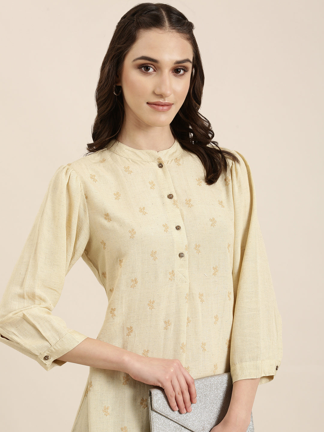 Women Beige Floral Straight Kurti