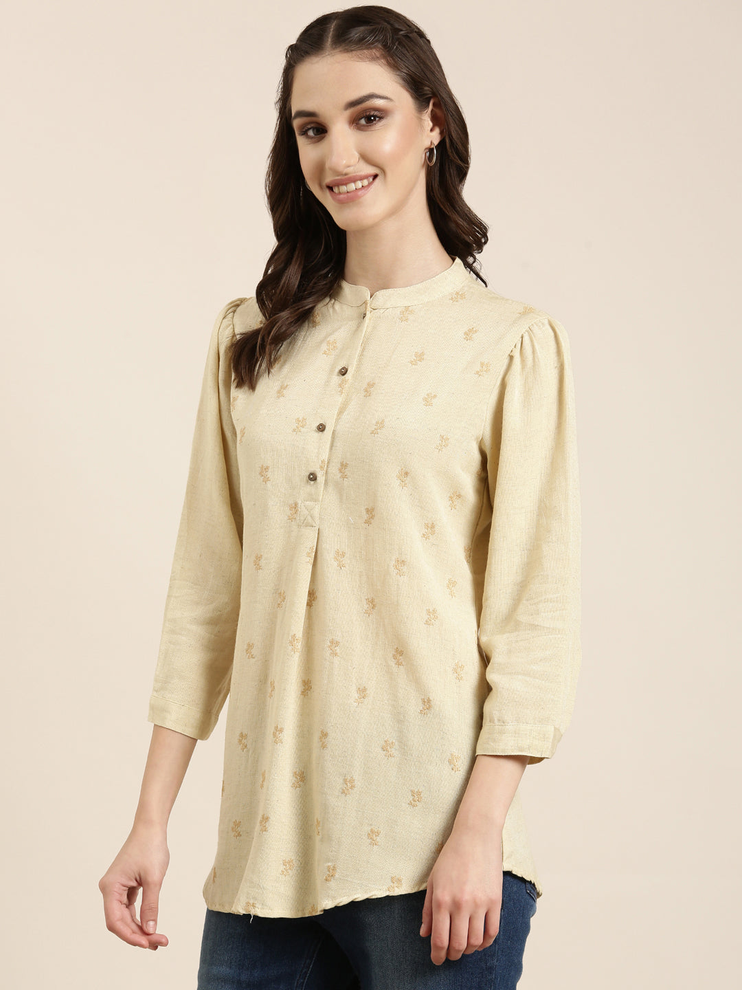 Women Beige Floral Straight Kurti