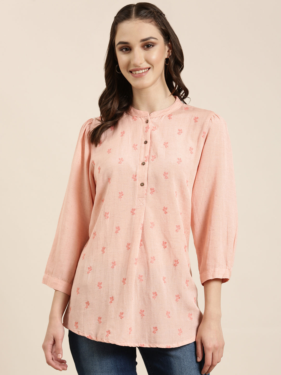 Women Peach Floral Straight Kurti