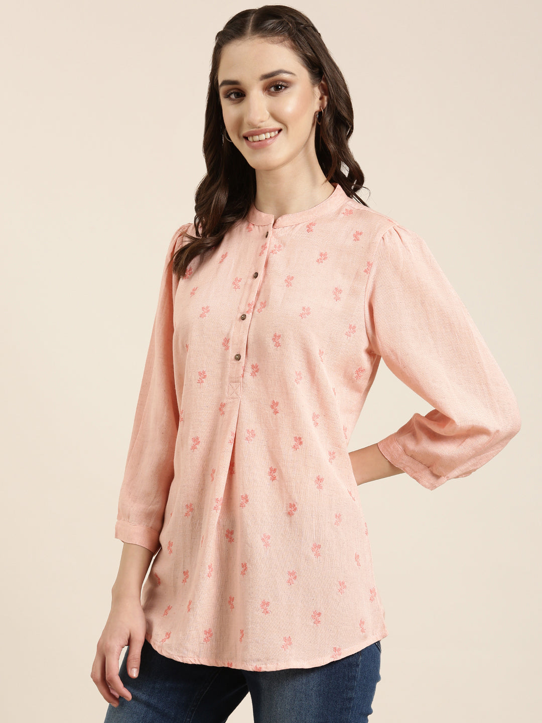 Women Peach Floral Straight Kurti