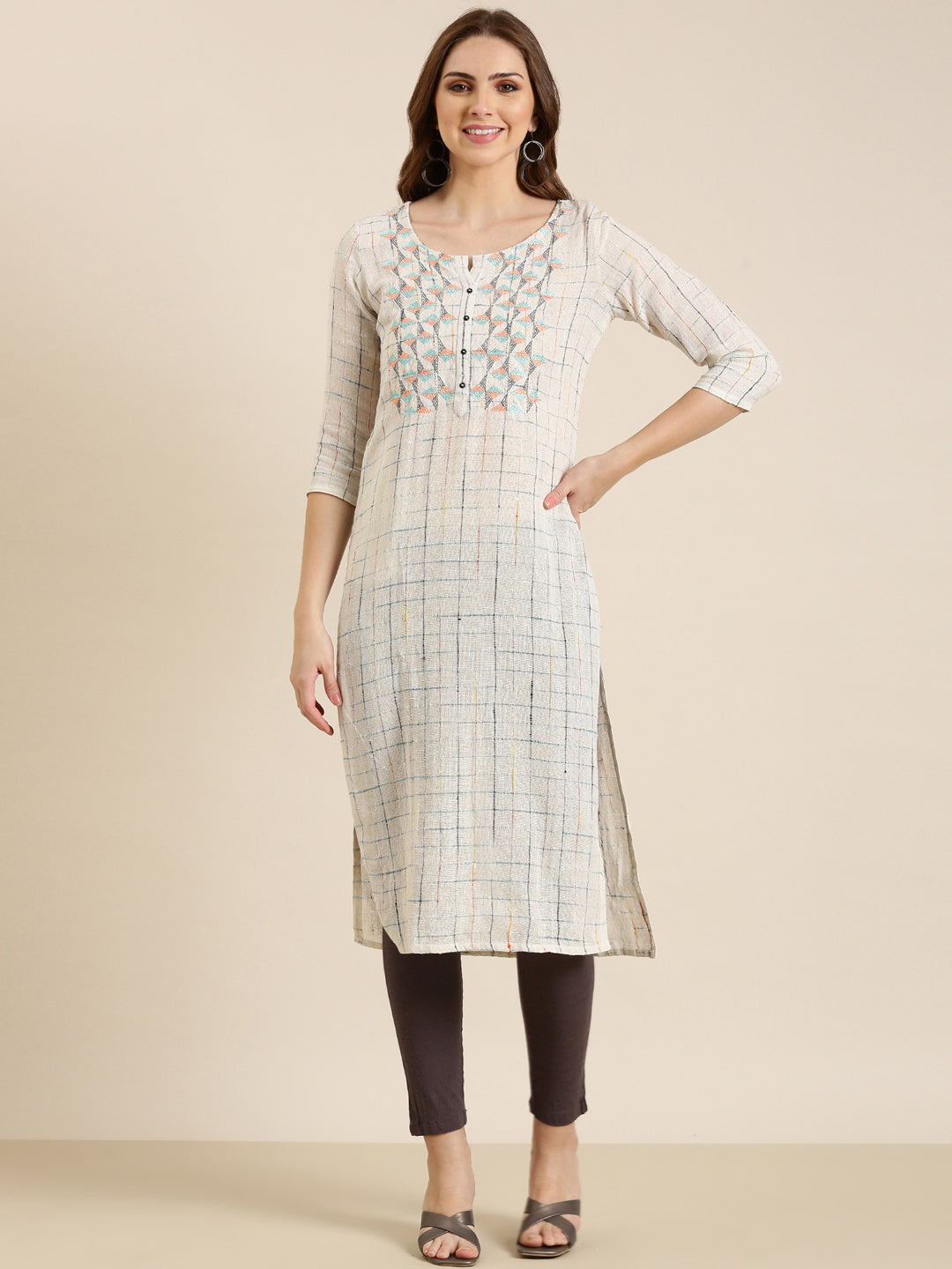 Women Cream Checked Straight Kurta