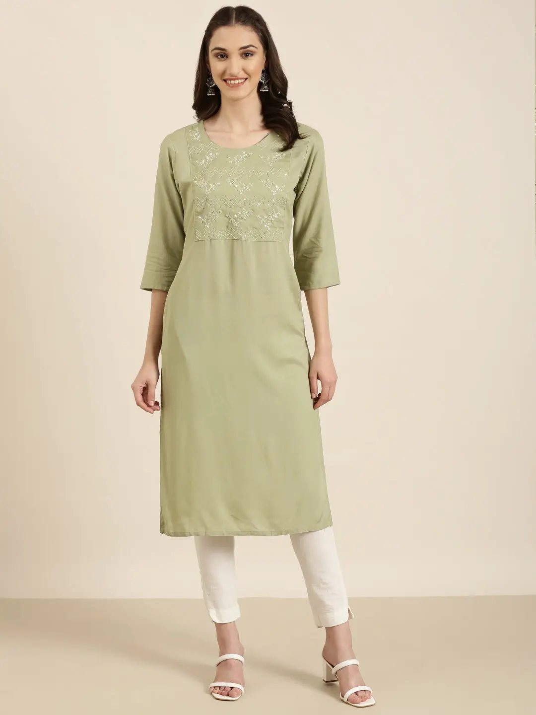 Women's Olive Solid Straight Kurta