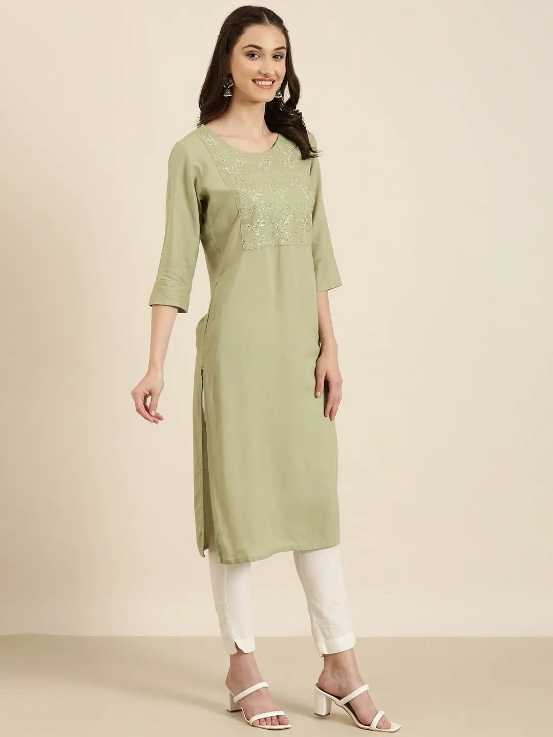Women's Olive Solid Straight Kurta